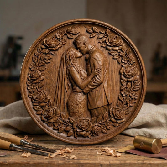 Highly detailed 3D STL bas-relief of a romantic couple embracing and kissing, framed by an elegant circular wreath of roses and leaves. The sculpture symbolizes love, marriage, and eternal connection, sculpted with deep layered relief for beautiful CNC wood carving and high-quality 3D printing. Perfect for Valentine’s Day decor, wedding gifts, anniversary keepsakes, and couple wall art. Digital STL download.