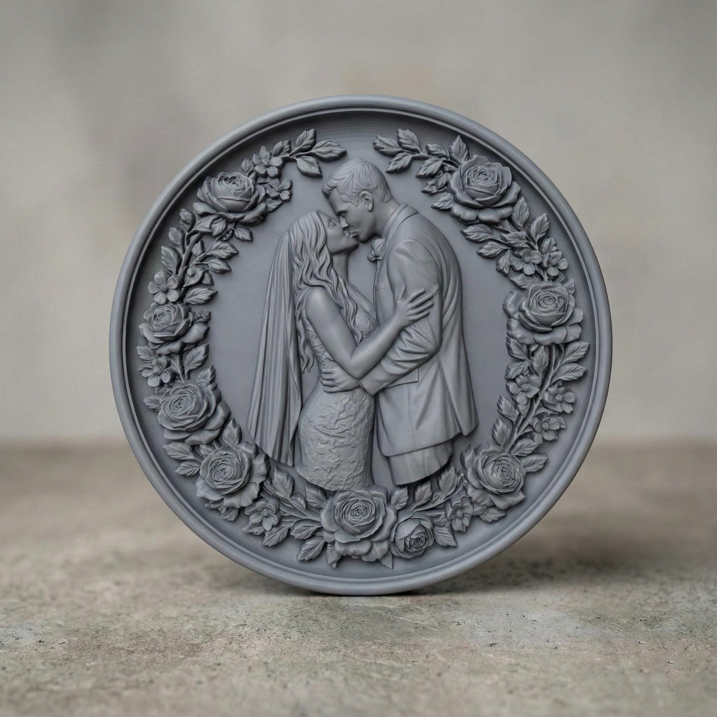 Highly detailed 3D STL bas-relief of a romantic couple embracing and kissing, framed by an elegant circular wreath of roses and leaves. The sculpture symbolizes love, marriage, and eternal connection, sculpted with deep layered relief for beautiful CNC wood carving and high-quality 3D printing. Perfect for Valentine’s Day decor, wedding gifts, anniversary keepsakes, and couple wall art. Digital STL download.