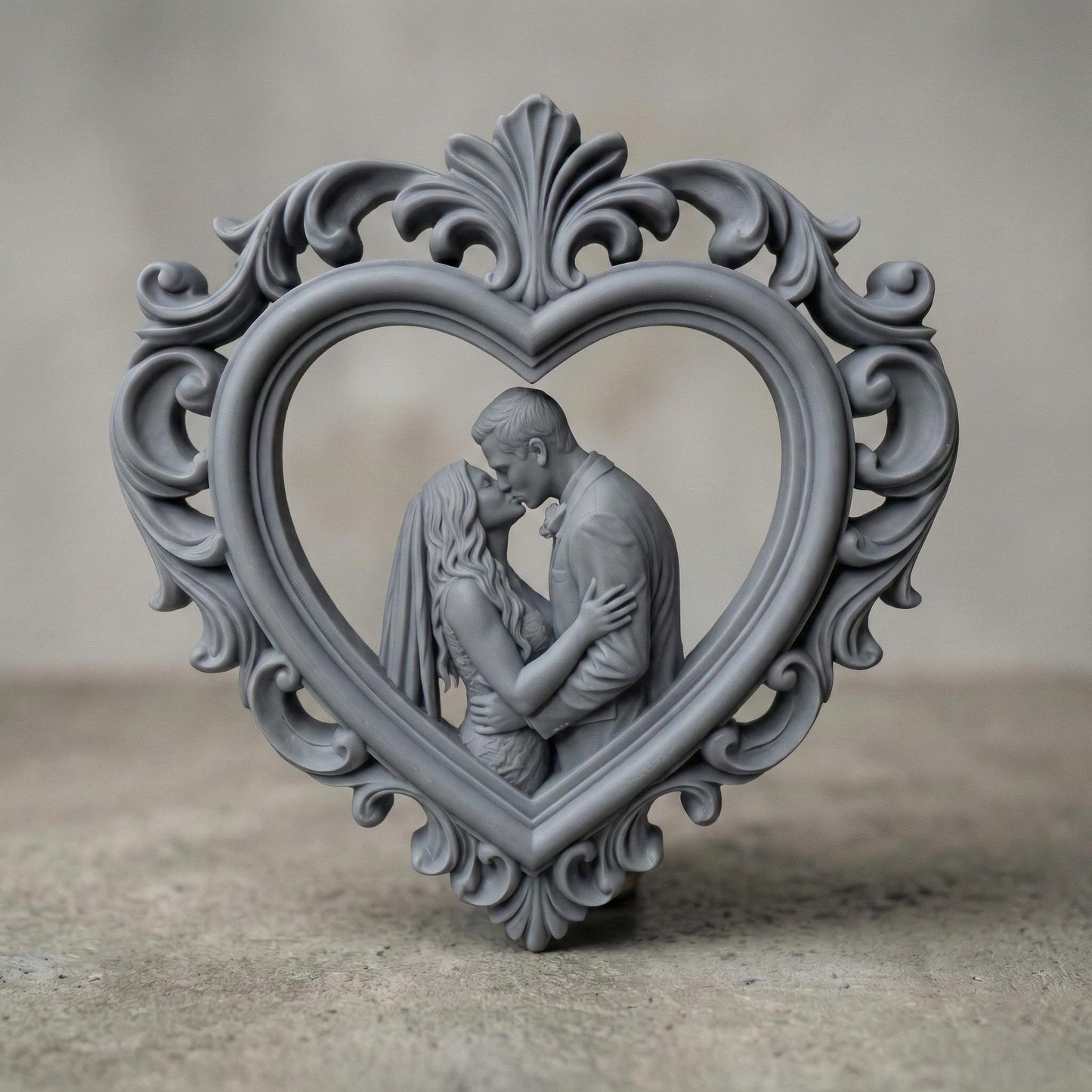 Highly detailed 3D STL bas-relief of a romantic couple embracing and kissing inside an ornate heart-shaped frame with classical floral scrollwork. The sculpture symbolizes love, marriage, and eternal bonding, designed with deep layered carving for CNC wood, resin, and 3D printing. Perfect for Valentine’s Day gifts, wedding decor, anniversary keepsakes, and couple wall art. Digital STL download.