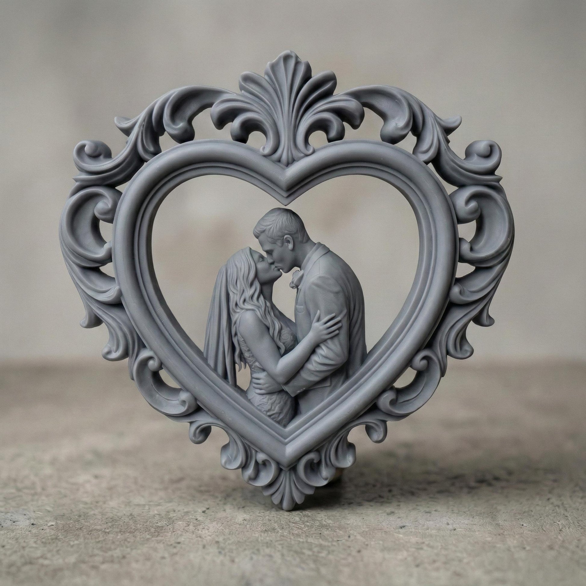 Highly detailed 3D STL bas-relief of a romantic couple embracing and kissing inside an ornate heart-shaped frame with classical floral scrollwork. The sculpture symbolizes love, marriage, and eternal bonding, designed with deep layered carving for CNC wood, resin, and 3D printing. Perfect for Valentine’s Day gifts, wedding decor, anniversary keepsakes, and couple wall art. Digital STL download.