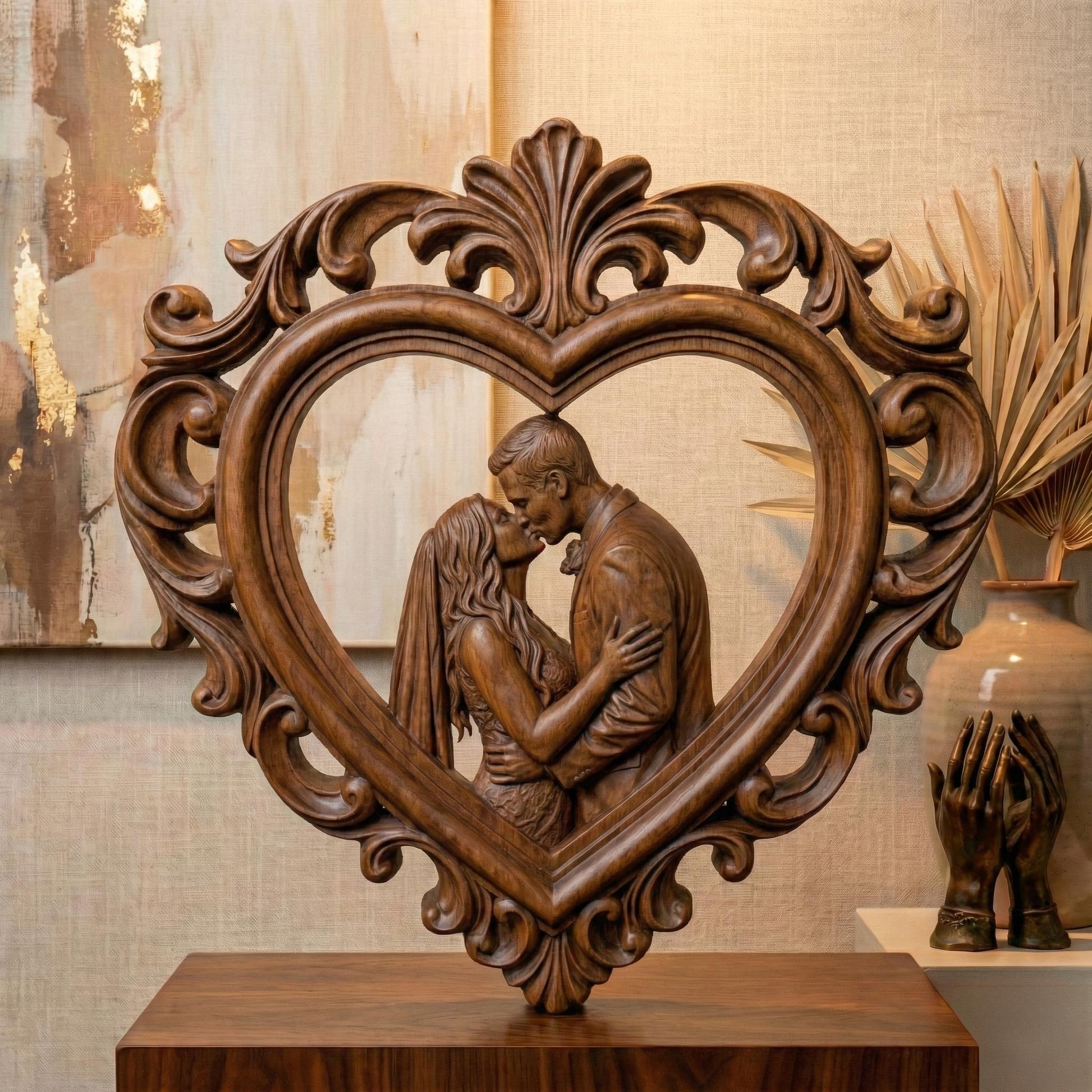Highly detailed 3D STL bas-relief of a romantic couple embracing and kissing inside an ornate heart-shaped frame with classical floral scrollwork. The sculpture symbolizes love, marriage, and eternal bonding, designed with deep layered carving for CNC wood, resin, and 3D printing. Perfect for Valentine’s Day gifts, wedding decor, anniversary keepsakes, and couple wall art. Digital STL download.
