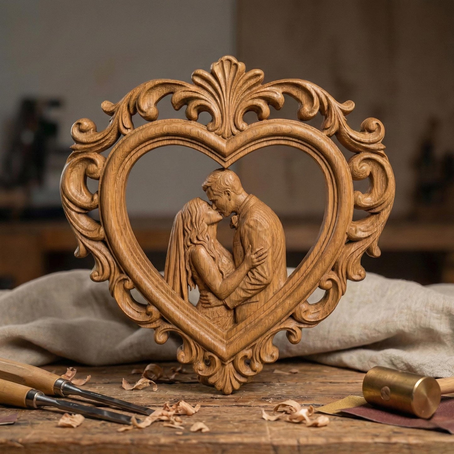 Highly detailed 3D STL bas-relief of a romantic couple embracing and kissing inside an ornate heart-shaped frame with classical floral scrollwork. The sculpture symbolizes love, marriage, and eternal bonding, designed with deep layered carving for CNC wood, resin, and 3D printing. Perfect for Valentine’s Day gifts, wedding decor, anniversary keepsakes, and couple wall art. Digital STL download.