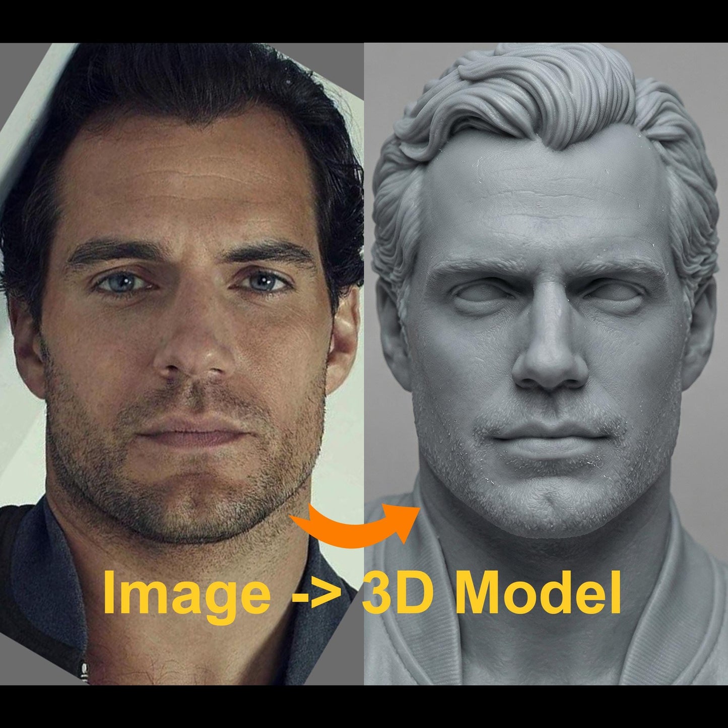Custom 3D head model created by a Senior Character and Creature Artist with 17+ years in VFX films and games. Based on customer-provided photos, the model features professional clean topology, ready for animation, rigging, 3D printing, and cosplay helmet fitting. Example shows a realistic male head converted into a shaded and wireframe 3D model. Perfect for cosplayers, animators, 3D printing enthusiasts, and digital creators seeking production-quality 3D assets.