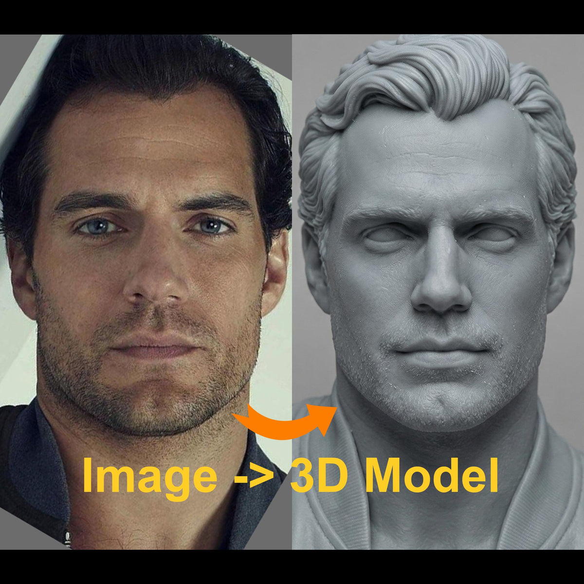 Custom 3D head model created by a Senior Character and Creature Artist with 17+ years in VFX films and games. Based on customer-provided photos, the model features professional clean topology, ready for animation, rigging, 3D printing, and cosplay helmet fitting. Example shows a realistic male head converted into a shaded and wireframe 3D model. Perfect for cosplayers, animators, 3D printing enthusiasts, and digital creators seeking production-quality 3D assets.
