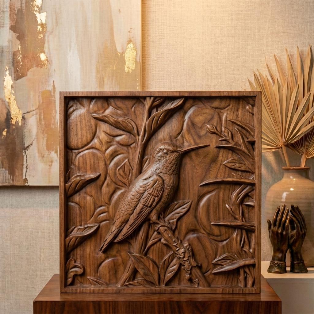 Elegant hummingbird bas relief STL depicting a hummingbird in flight feeding from cascading bell-shaped flowers, carved within a refined rectangular frame. The design features flowing leaves, delicate floral textures, and detailed feathers set against a smooth wood-grain background. Ideal for CNC wood carving, 3D printing, or framed wall art panels inspired by botanical and wildlife themes.