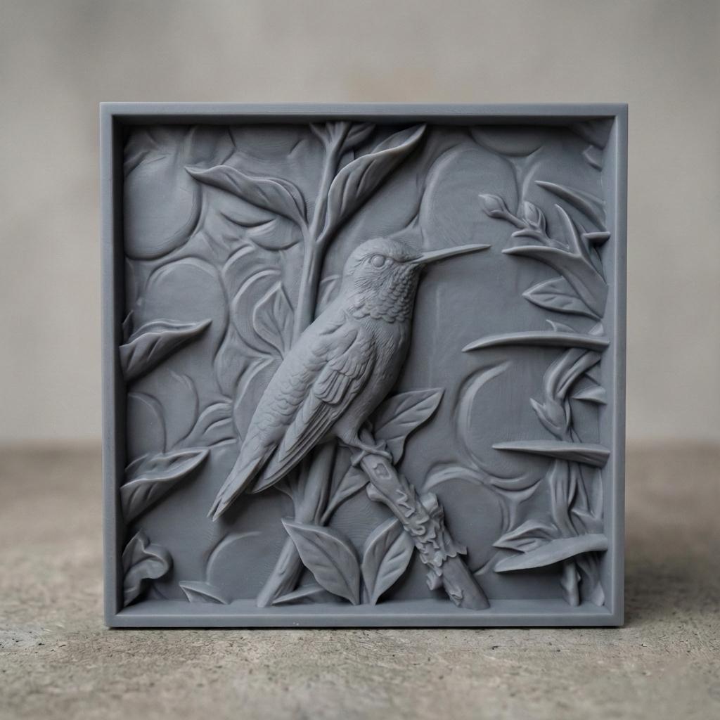 Elegant hummingbird bas relief STL depicting a hummingbird in flight feeding from cascading bell-shaped flowers, carved within a refined rectangular frame. The design features flowing leaves, delicate floral textures, and detailed feathers set against a smooth wood-grain background. Ideal for CNC wood carving, 3D printing, or framed wall art panels inspired by botanical and wildlife themes.
