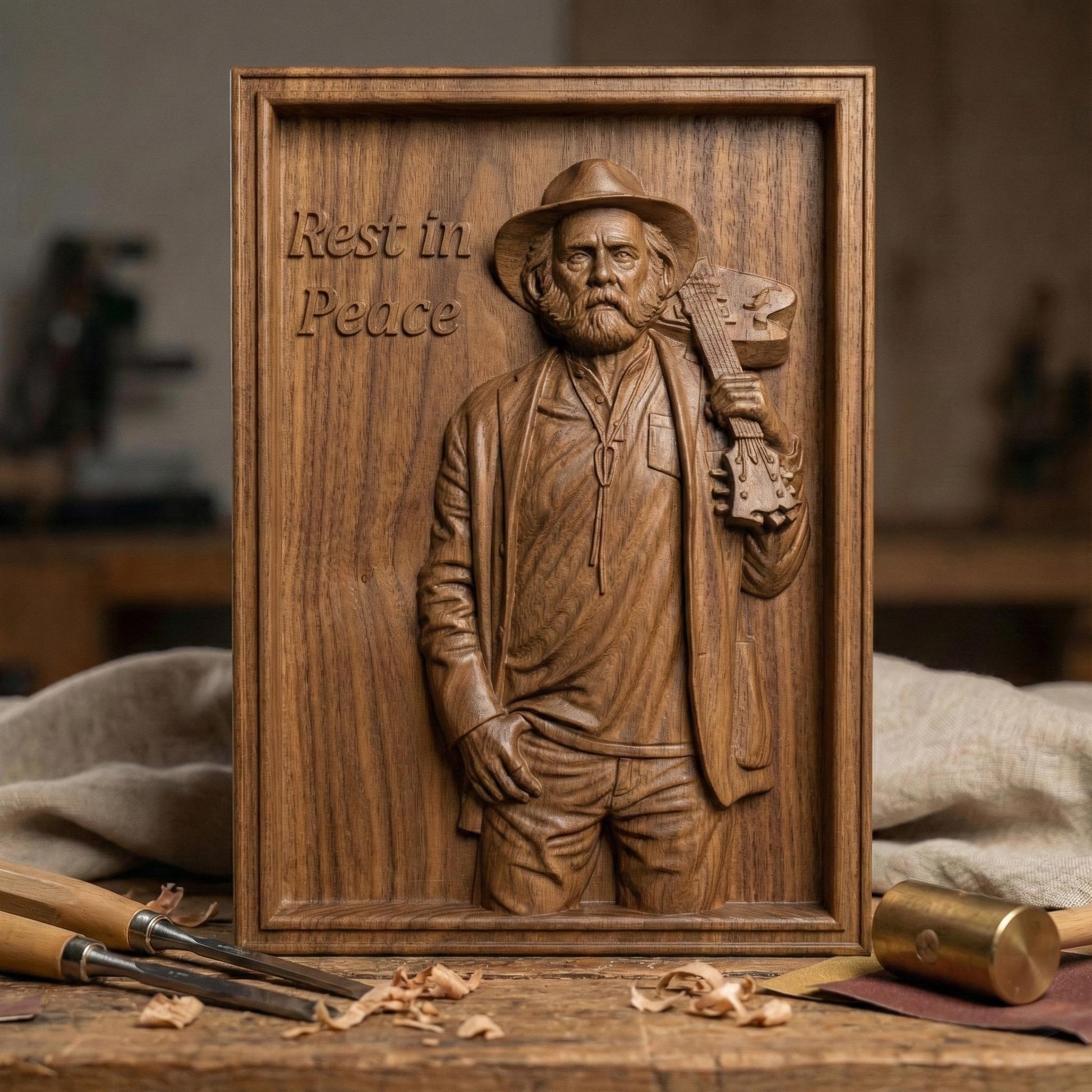 Detailed 3D relief sculpture of an elderly bearded musician wearing a hat and jacket, holding an acoustic guitar over his shoulder. The figure is carved in a realistic wood-grain style with expressive facial features and deep folds in clothing. A framed bas-relief version includes the engraved text “Rest in Peace,” creating a solemn memorial tribute suited for CNC carving, 3D printing, and wall art display.