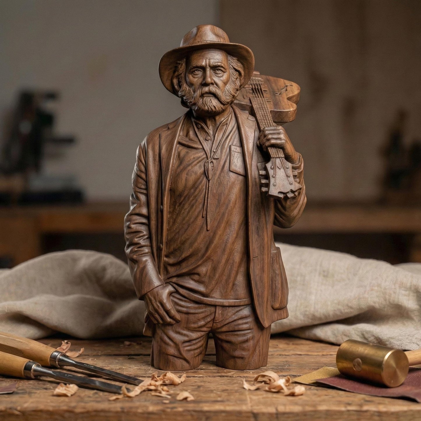 Detailed 3D relief sculpture of an elderly bearded musician wearing a hat and jacket, holding an acoustic guitar over his shoulder. The figure is carved in a realistic wood-grain style with expressive facial features and deep folds in clothing. A framed bas-relief version includes the engraved text “Rest in Peace,” creating a solemn memorial tribute suited for CNC carving, 3D printing, and wall art display.