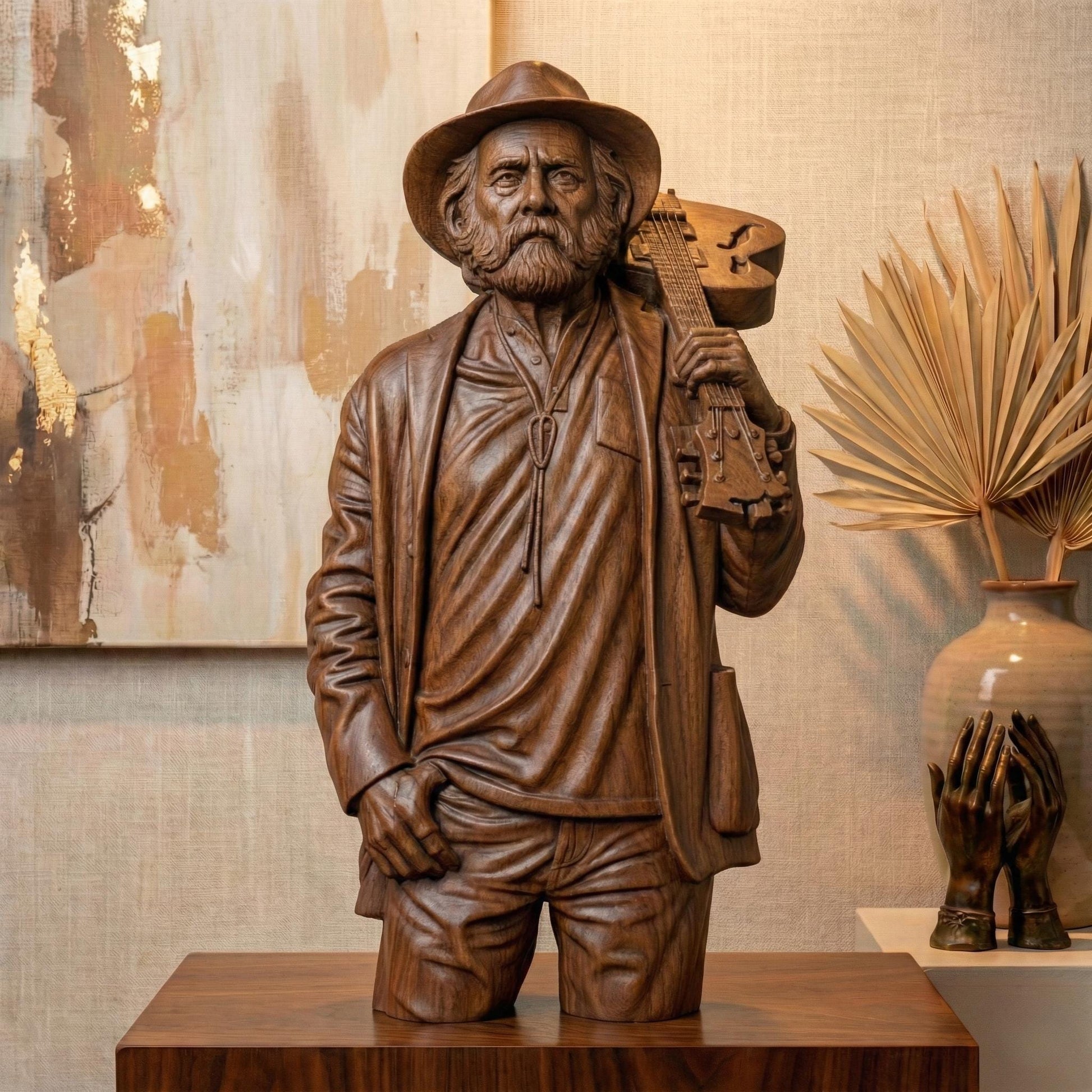 Detailed 3D relief sculpture of an elderly bearded musician wearing a hat and jacket, holding an acoustic guitar over his shoulder. The figure is carved in a realistic wood-grain style with expressive facial features and deep folds in clothing. A framed bas-relief version includes the engraved text “Rest in Peace,” creating a solemn memorial tribute suited for CNC carving, 3D printing, and wall art display.