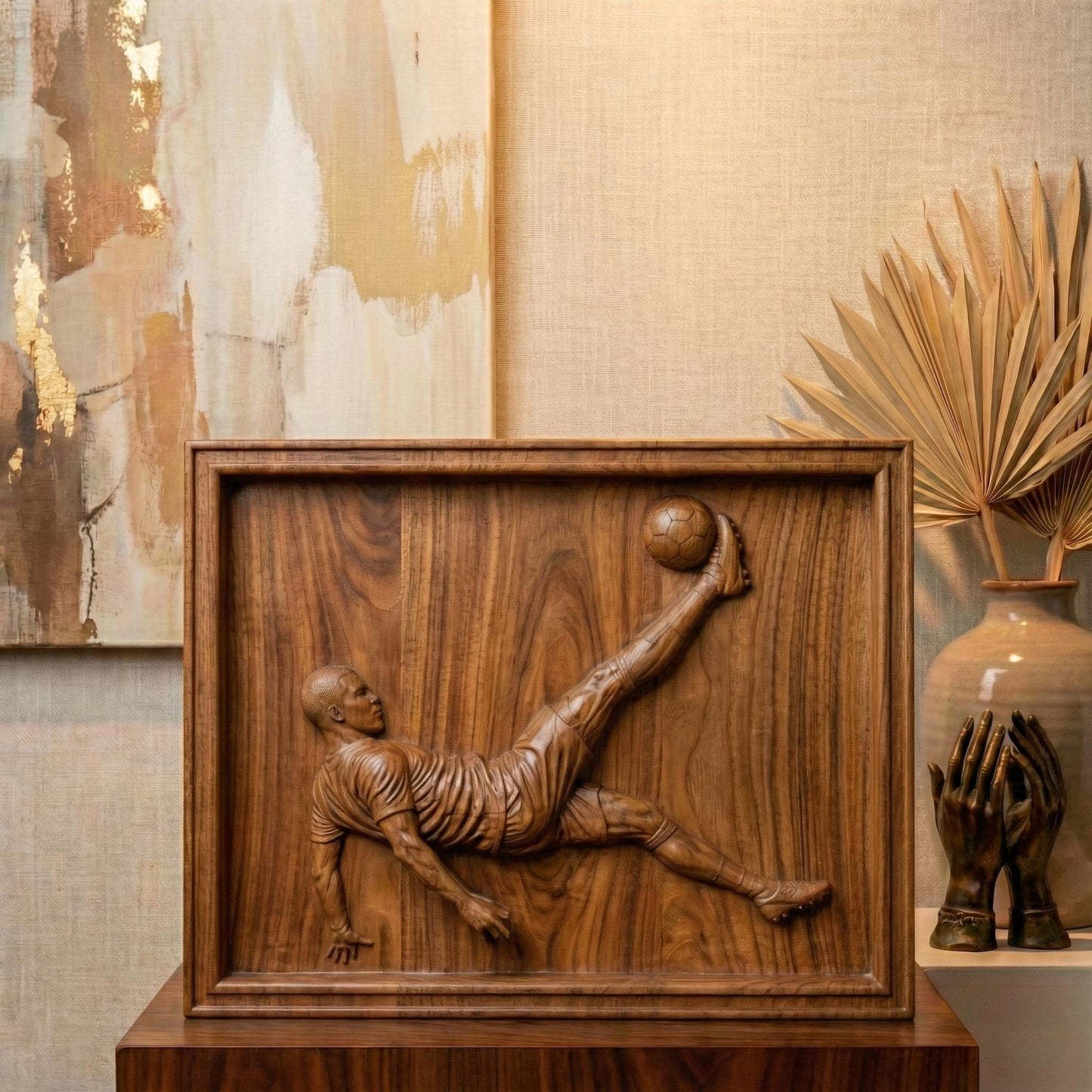 Highly detailed 3D bas-relief of a soccer player performing an overhead bicycle kick, carved in a realistic wood style. The athletic figure is captured mid-air with extended leg striking a football, showcasing dynamic motion, muscle definition, and flowing sportswear. Ideal for CNC carving, 3D printing, and wall-mounted sports decor, symbolizing passion, strength, and competitive spirit in football-inspired art.