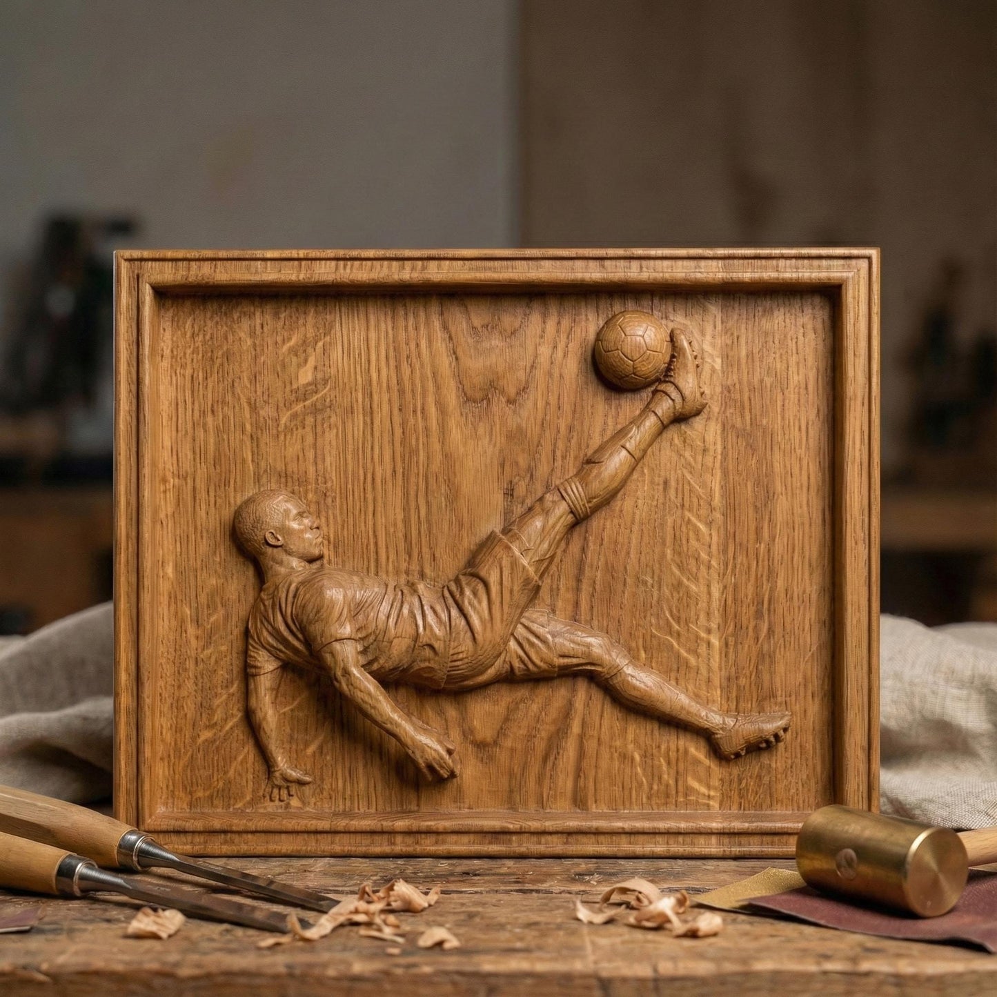 Highly detailed 3D bas-relief of a soccer player performing an overhead bicycle kick, carved in a realistic wood style. The athletic figure is captured mid-air with extended leg striking a football, showcasing dynamic motion, muscle definition, and flowing sportswear. Ideal for CNC carving, 3D printing, and wall-mounted sports decor, symbolizing passion, strength, and competitive spirit in football-inspired art.