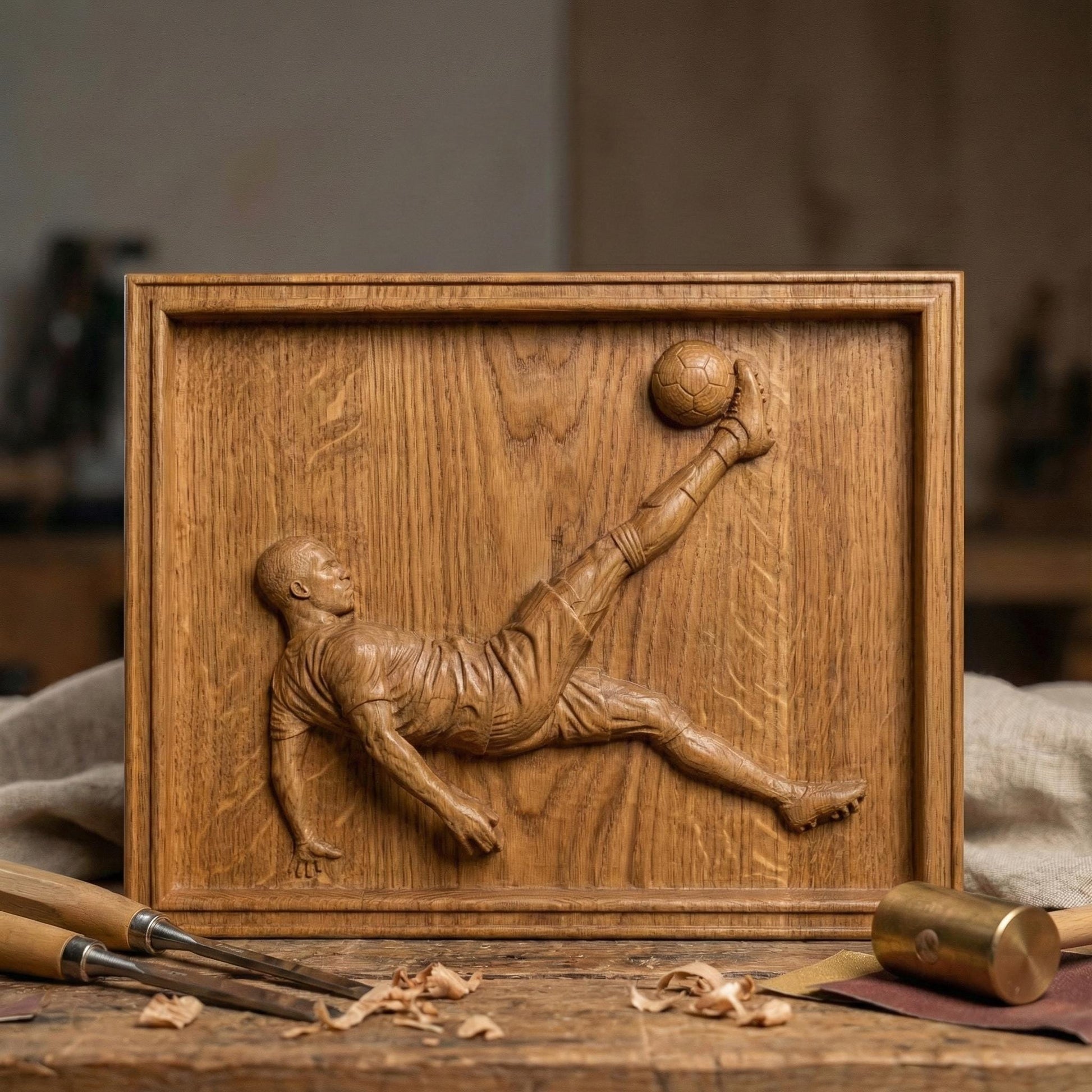 Highly detailed 3D bas-relief of a soccer player performing an overhead bicycle kick, carved in a realistic wood style. The athletic figure is captured mid-air with extended leg striking a football, showcasing dynamic motion, muscle definition, and flowing sportswear. Ideal for CNC carving, 3D printing, and wall-mounted sports decor, symbolizing passion, strength, and competitive spirit in football-inspired art.