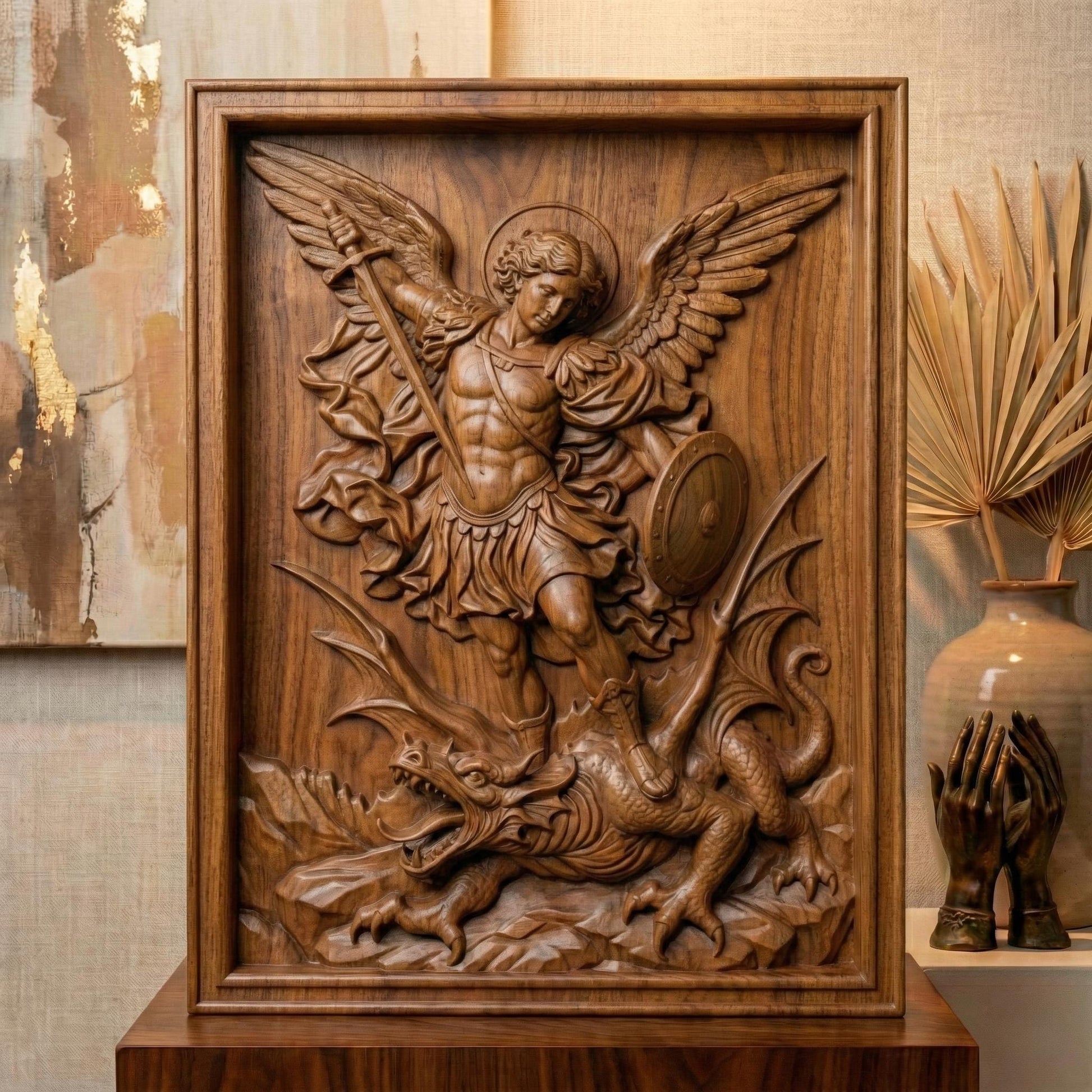 Wooden bas-relief wall art depicting Archangel Michael in dynamic motion, carved in deep relief. The winged angel holds a raised sword and shield while standing triumphantly over a defeated dragon beneath his feet. Flowing robes, detailed feathers, and dramatic cloud forms surround the figure. Rendered in rich carved wood texture with smooth depth transitions, suitable for CNC carving, wood engraving, and religious Christian wall décor.