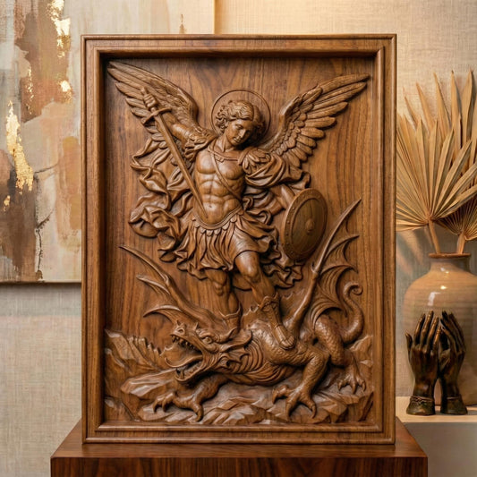 Wooden bas-relief wall art depicting Archangel Michael in dynamic motion, carved in deep relief. The winged angel holds a raised sword and shield while standing triumphantly over a defeated dragon beneath his feet. Flowing robes, detailed feathers, and dramatic cloud forms surround the figure. Rendered in rich carved wood texture with smooth depth transitions, suitable for CNC carving, wood engraving, and religious Christian wall décor.