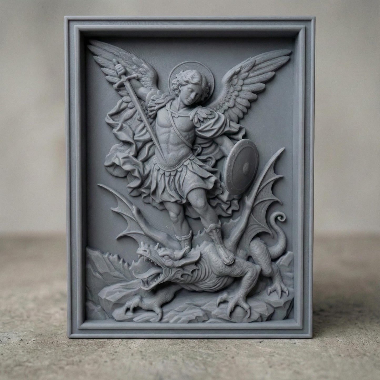 Wooden bas-relief wall art depicting Archangel Michael in dynamic motion, carved in deep relief. The winged angel holds a raised sword and shield while standing triumphantly over a defeated dragon beneath his feet. Flowing robes, detailed feathers, and dramatic cloud forms surround the figure. Rendered in rich carved wood texture with smooth depth transitions, suitable for CNC carving, wood engraving, and religious Christian wall décor.