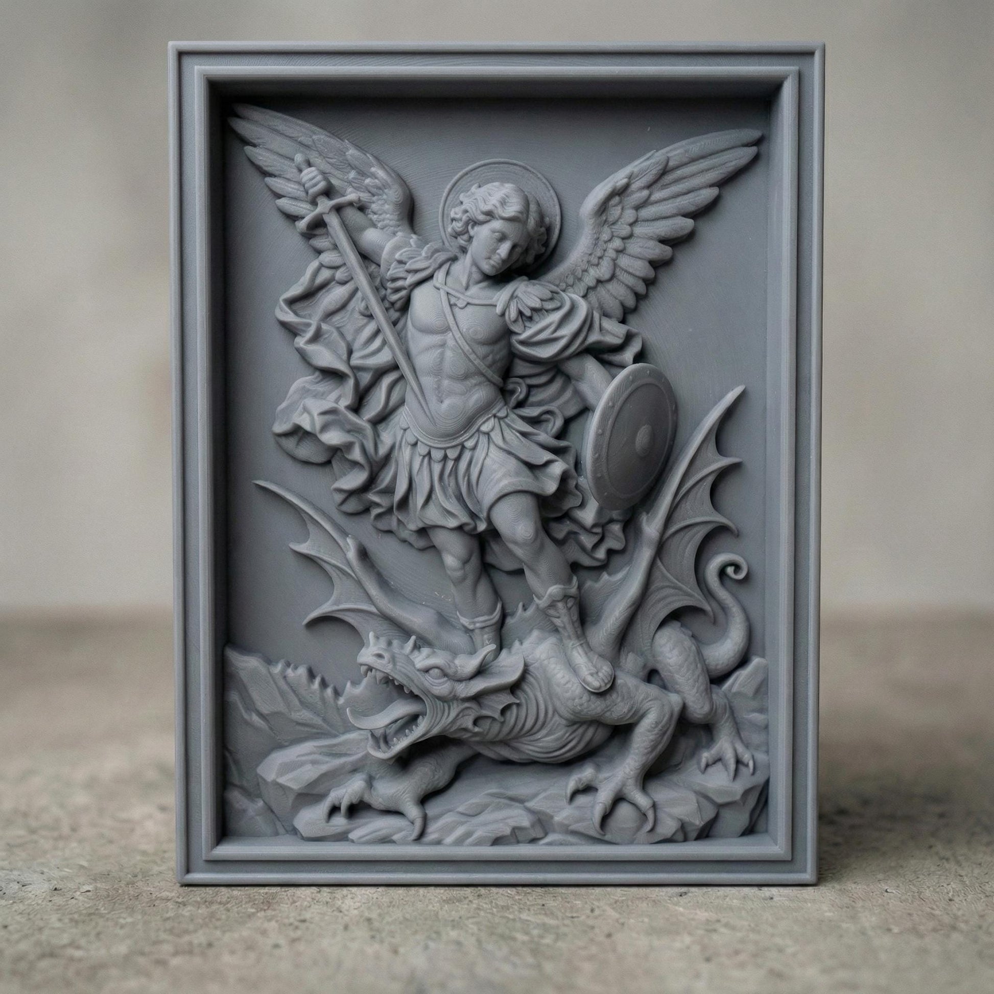 Wooden bas-relief wall art depicting Archangel Michael in dynamic motion, carved in deep relief. The winged angel holds a raised sword and shield while standing triumphantly over a defeated dragon beneath his feet. Flowing robes, detailed feathers, and dramatic cloud forms surround the figure. Rendered in rich carved wood texture with smooth depth transitions, suitable for CNC carving, wood engraving, and religious Christian wall décor.