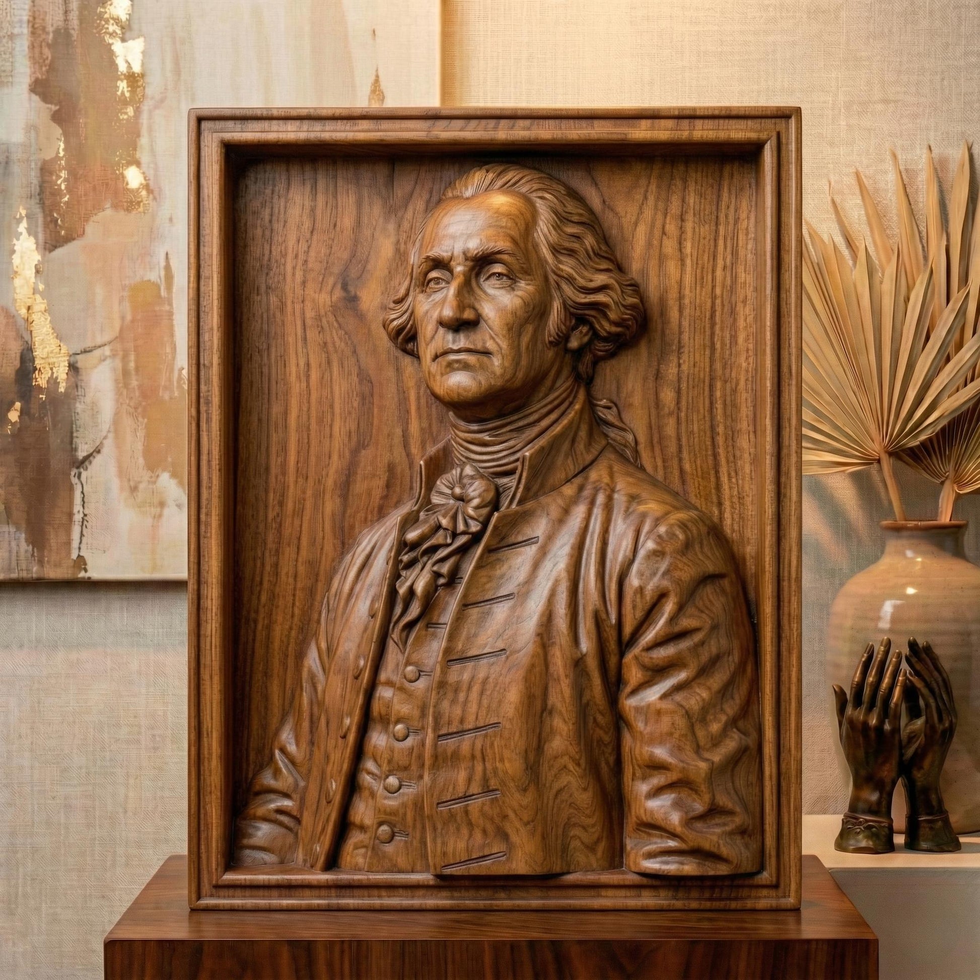 Highly detailed 3D carved bust of George Washington depicted in an 18th-century formal coat with cravat, sculpted in a classical neoclassical style. The model features realistic facial expression, flowing hair, period clothing folds, and smooth bas-relief transitions, ideal for CNC wood carving, 3D printing, and decorative historical wall art or display sculptures.