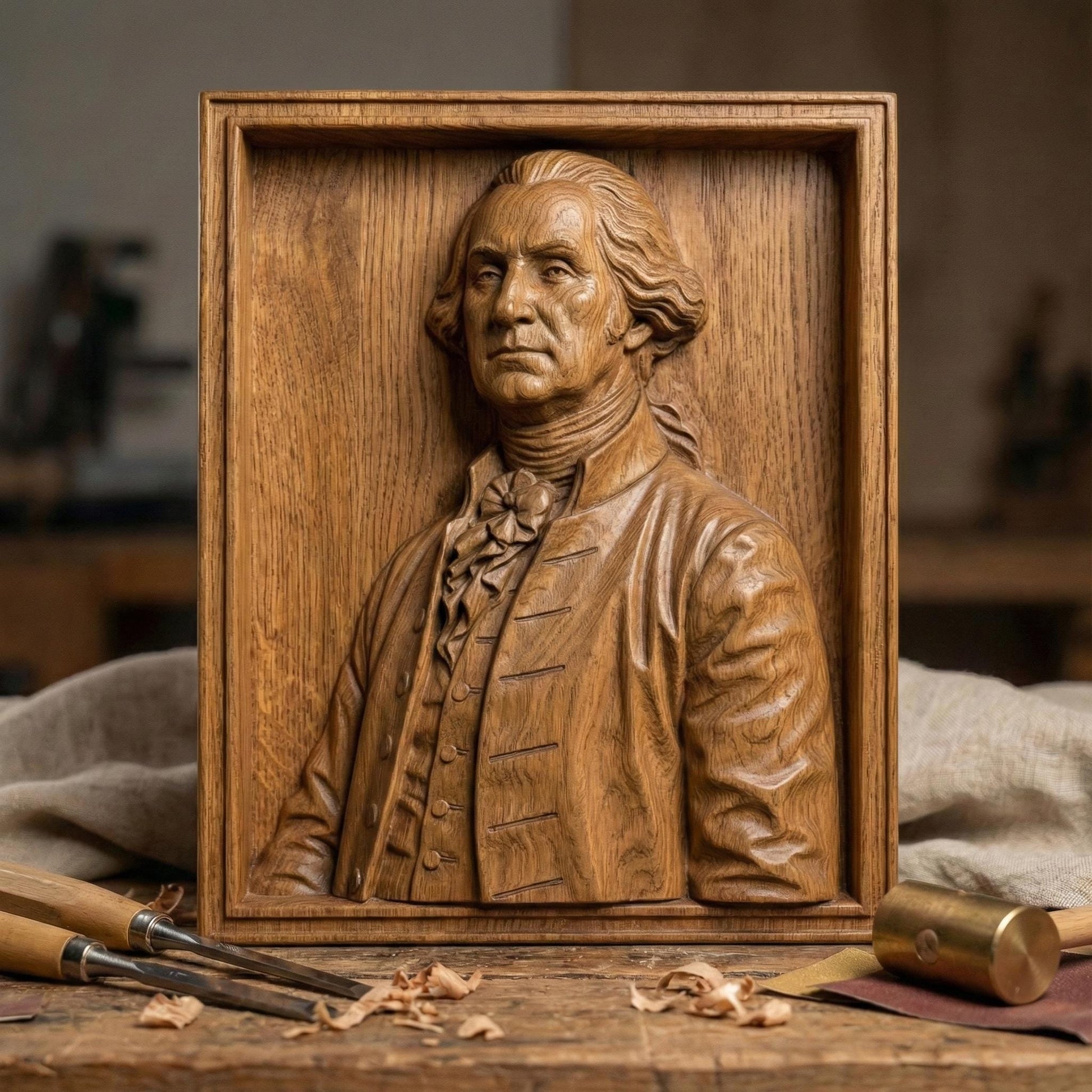 Highly detailed 3D carved bust of George Washington depicted in an 18th-century formal coat with cravat, sculpted in a classical neoclassical style. The model features realistic facial expression, flowing hair, period clothing folds, and smooth bas-relief transitions, ideal for CNC wood carving, 3D printing, and decorative historical wall art or display sculptures.