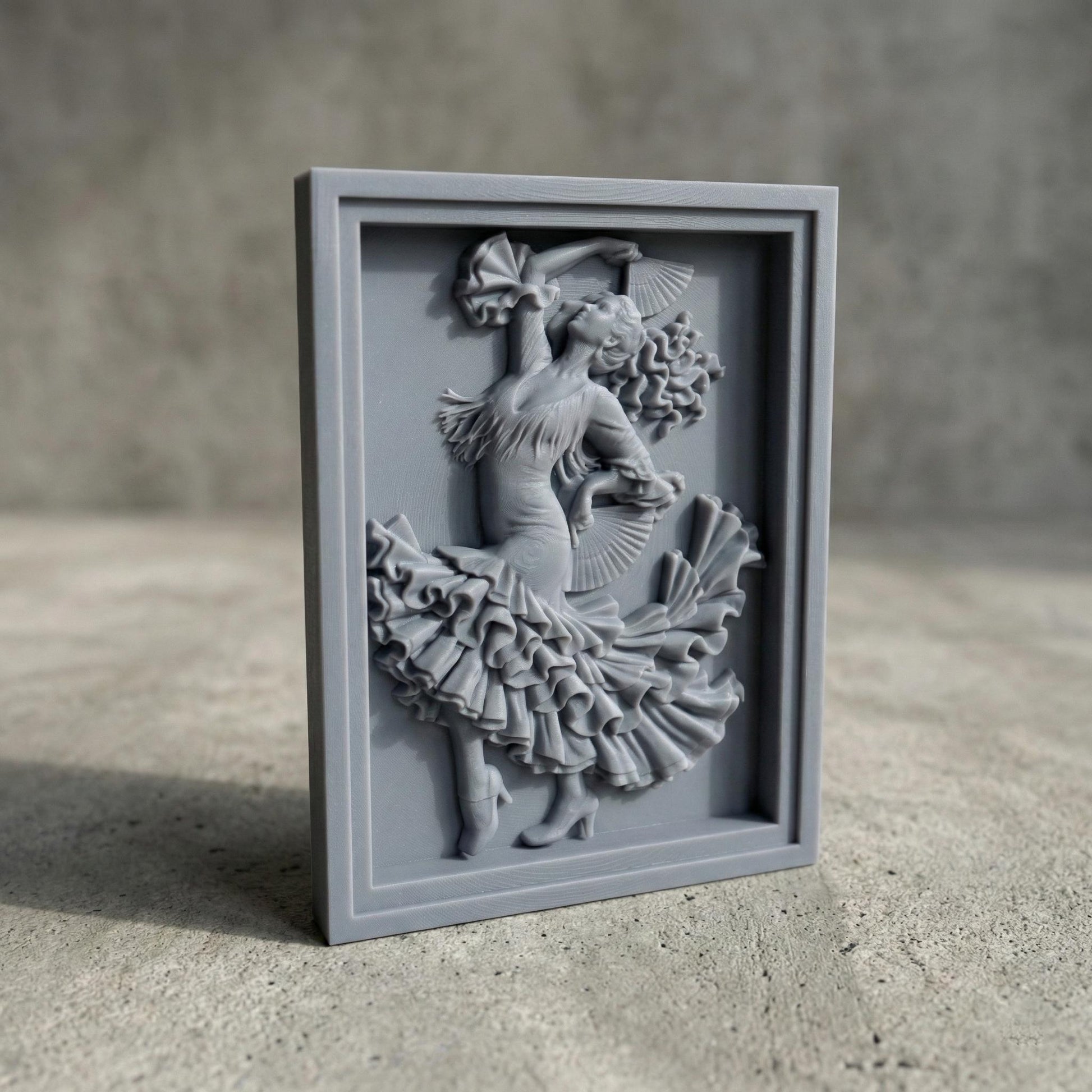 Intricately carved flamenco dancer relief showing a graceful Spanish dancer in mid-motion, holding folding fans with flowing ruffled dress and dynamic hair movement. Classical bas-relief wall art designed for CNC carving, 3D printing, or wood engraving, featuring deep shadows, elegant contours, and expressive dance posture inspired by traditional flamenco performance.