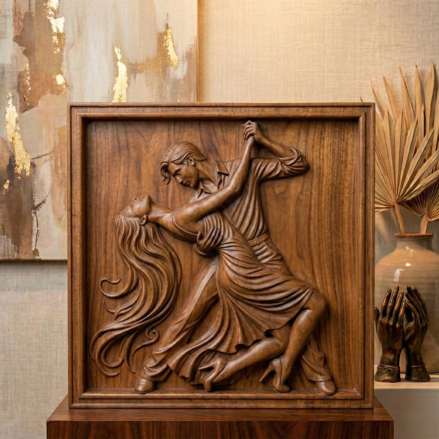 Elegant tango dance couple bas-relief depicting a passionate ballroom pose with flowing dress, intertwined movement, and expressive body language. Detailed sculpted relief designed for CNC carving, 3D printing, or wood engraving, featuring deep contours, smooth curves, and dramatic motion ideal for decorative wall art and artistic relief projects.