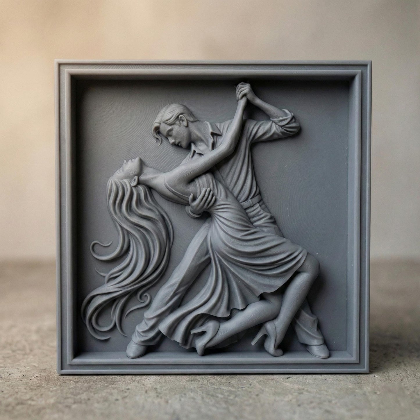 Elegant tango dance couple bas-relief depicting a passionate ballroom pose with flowing dress, intertwined movement, and expressive body language. Detailed sculpted relief designed for CNC carving, 3D printing, or wood engraving, featuring deep contours, smooth curves, and dramatic motion ideal for decorative wall art and artistic relief projects.