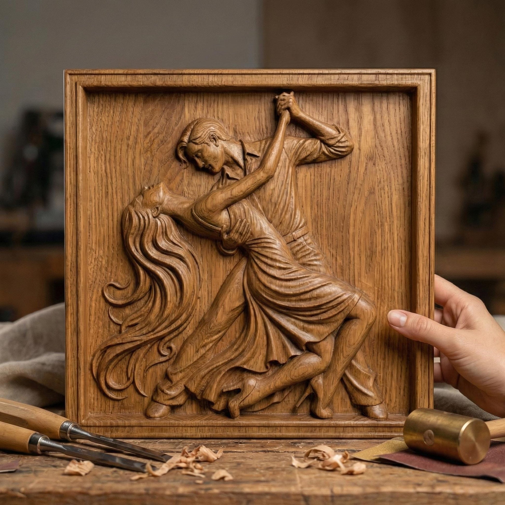 Elegant tango dance couple bas-relief depicting a passionate ballroom pose with flowing dress, intertwined movement, and expressive body language. Detailed sculpted relief designed for CNC carving, 3D printing, or wood engraving, featuring deep contours, smooth curves, and dramatic motion ideal for decorative wall art and artistic relief projects.