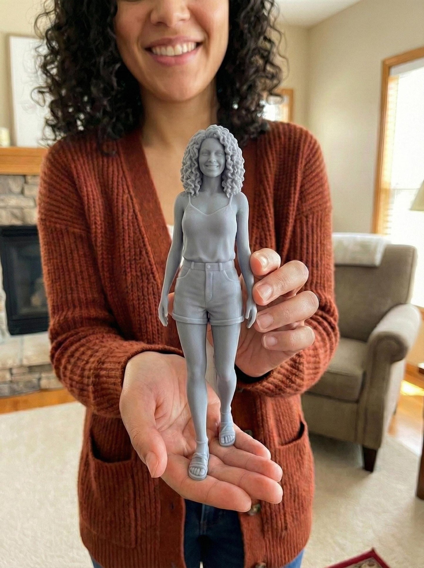 High-detail resin 3D printed human figure sculpture, digitally sculpted with realistic anatomy, facial structure, and tailored clothing. The statue stands on a round base with smooth surface finish, showcasing professional character modeling, accurate proportions, and refined details inspired by cinematic and game-quality digital sculpting, suitable for display, custom portraits, memorials, and collectible art
