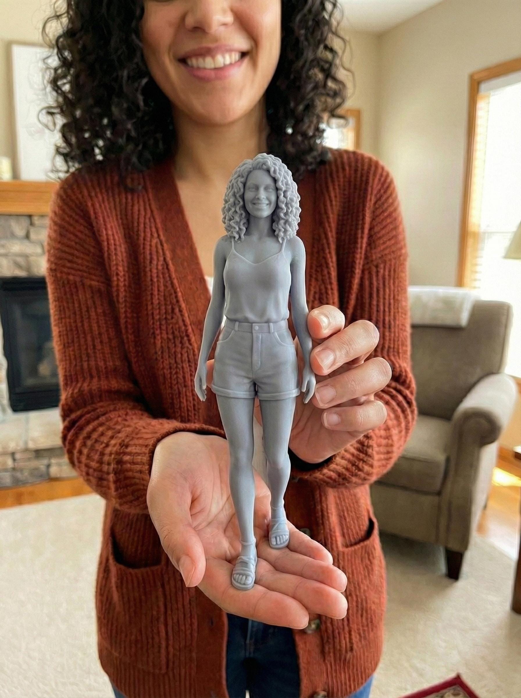 High-detail resin 3D printed human figure sculpture, digitally sculpted with realistic anatomy, facial structure, and tailored clothing. The statue stands on a round base with smooth surface finish, showcasing professional character modeling, accurate proportions, and refined details inspired by cinematic and game-quality digital sculpting, suitable for display, custom portraits, memorials, and collectible art
