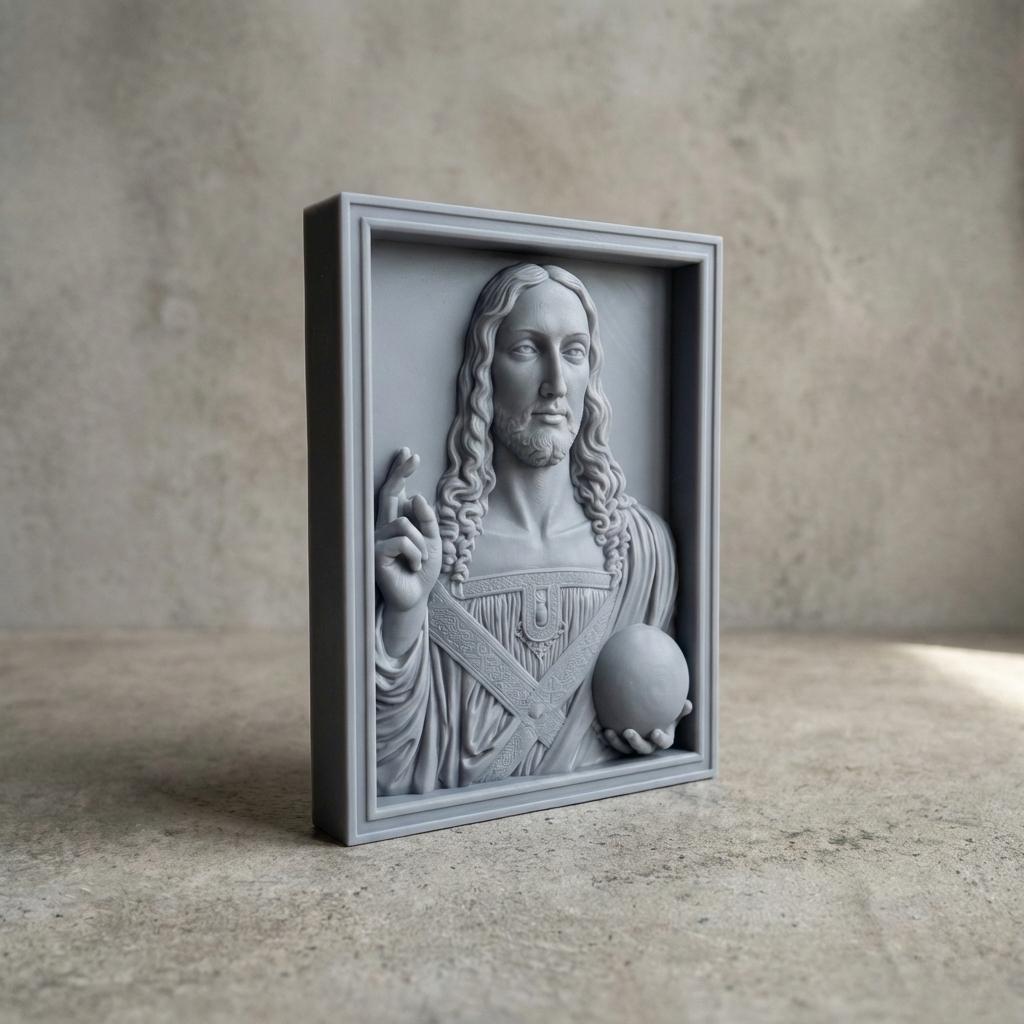 Salvator Mundi bas-relief depicting Jesus Christ holding a celestial orb and giving a blessing, inspired by Leonardo da Vinci’s iconic Renaissance masterpiece. Highly detailed sacred Christian wall art STL designed for CNC carving, wood engraving, or 3D printing, featuring classical proportions, serene expression, and refined sculptural depth for devotional and fine art projects.