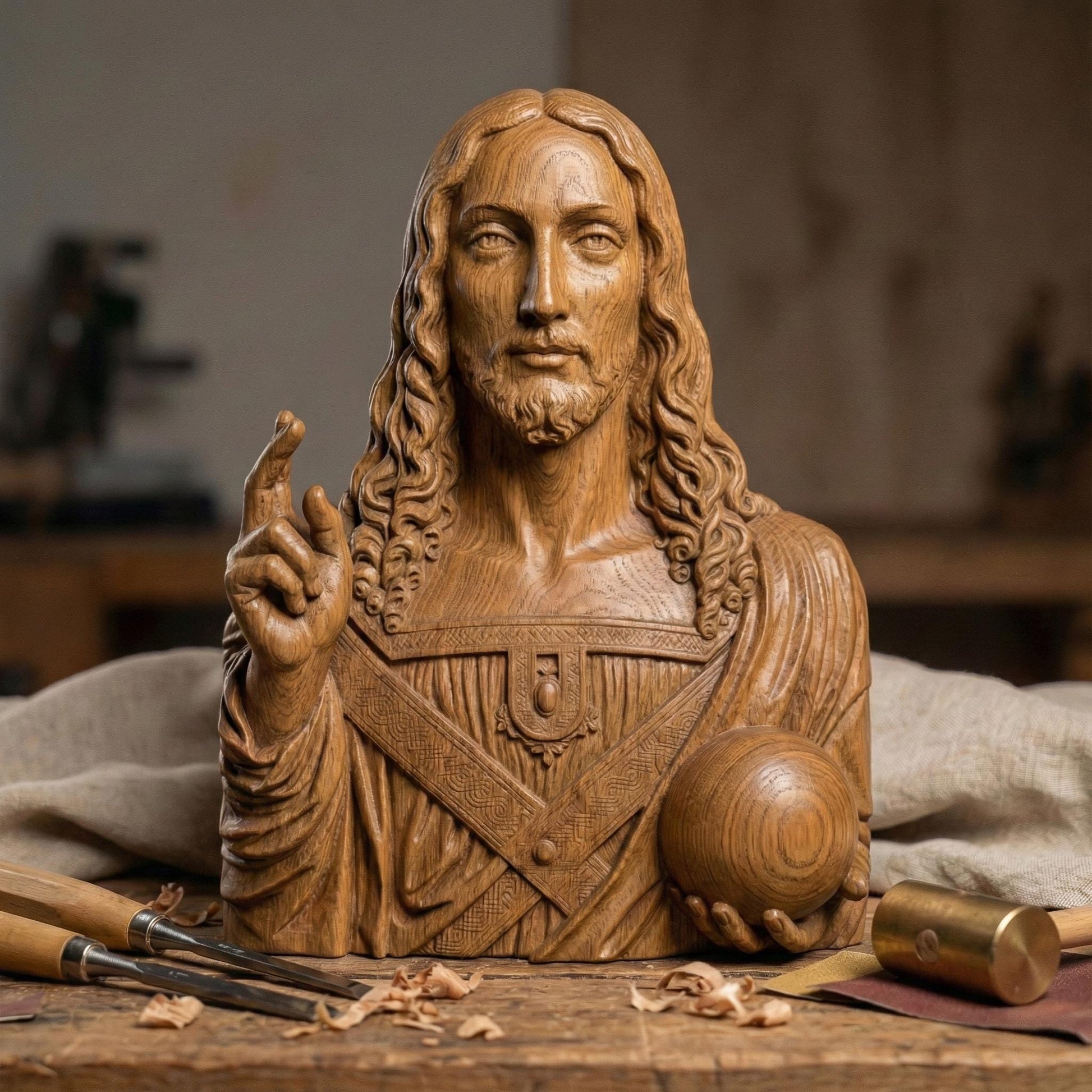Salvator Mundi bas-relief depicting Jesus Christ holding a celestial orb and giving a blessing, inspired by Leonardo da Vinci’s iconic Renaissance masterpiece. Highly detailed sacred Christian wall art STL designed for CNC carving, wood engraving, or 3D printing, featuring classical proportions, serene expression, and refined sculptural depth for devotional and fine art projects.