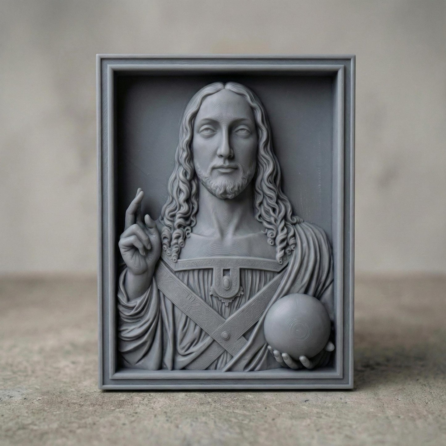 Salvator Mundi bas-relief depicting Jesus Christ holding a celestial orb and giving a blessing, inspired by Leonardo da Vinci’s iconic Renaissance masterpiece. Highly detailed sacred Christian wall art STL designed for CNC carving, wood engraving, or 3D printing, featuring classical proportions, serene expression, and refined sculptural depth for devotional and fine art projects.