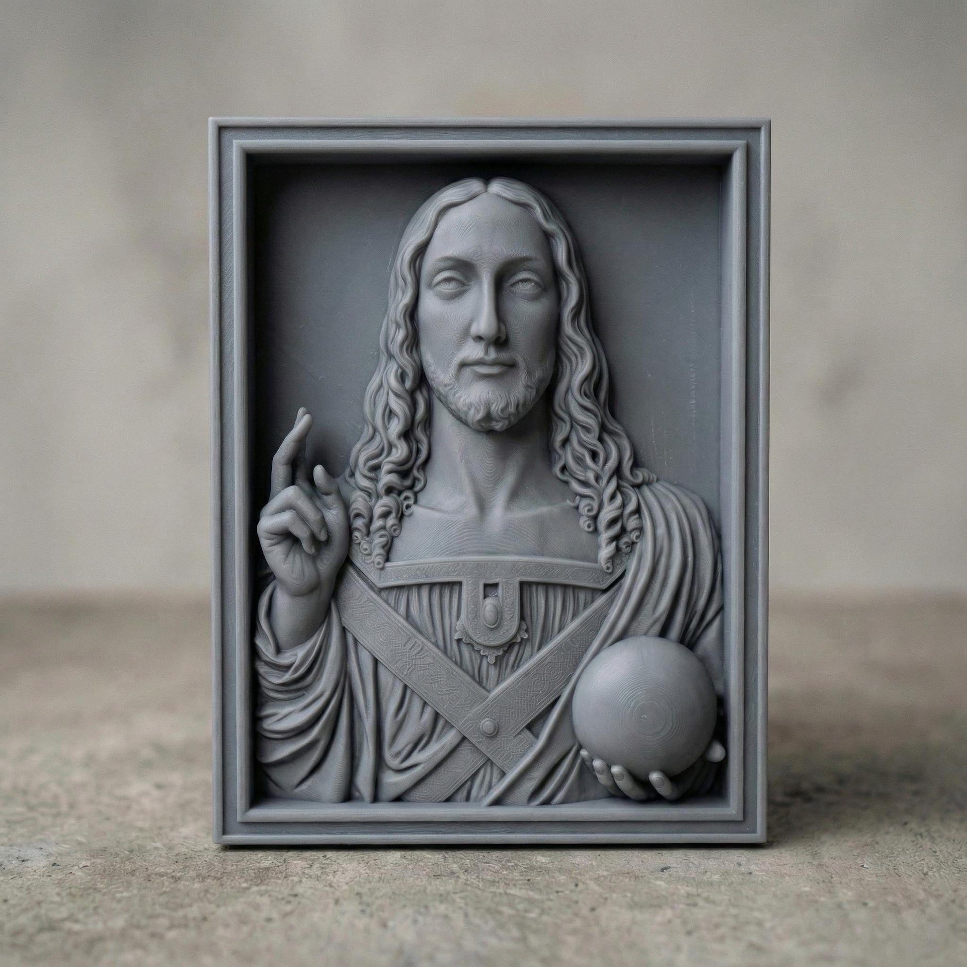Salvator Mundi bas-relief depicting Jesus Christ holding a celestial orb and giving a blessing, inspired by Leonardo da Vinci’s iconic Renaissance masterpiece. Highly detailed sacred Christian wall art STL designed for CNC carving, wood engraving, or 3D printing, featuring classical proportions, serene expression, and refined sculptural depth for devotional and fine art projects.