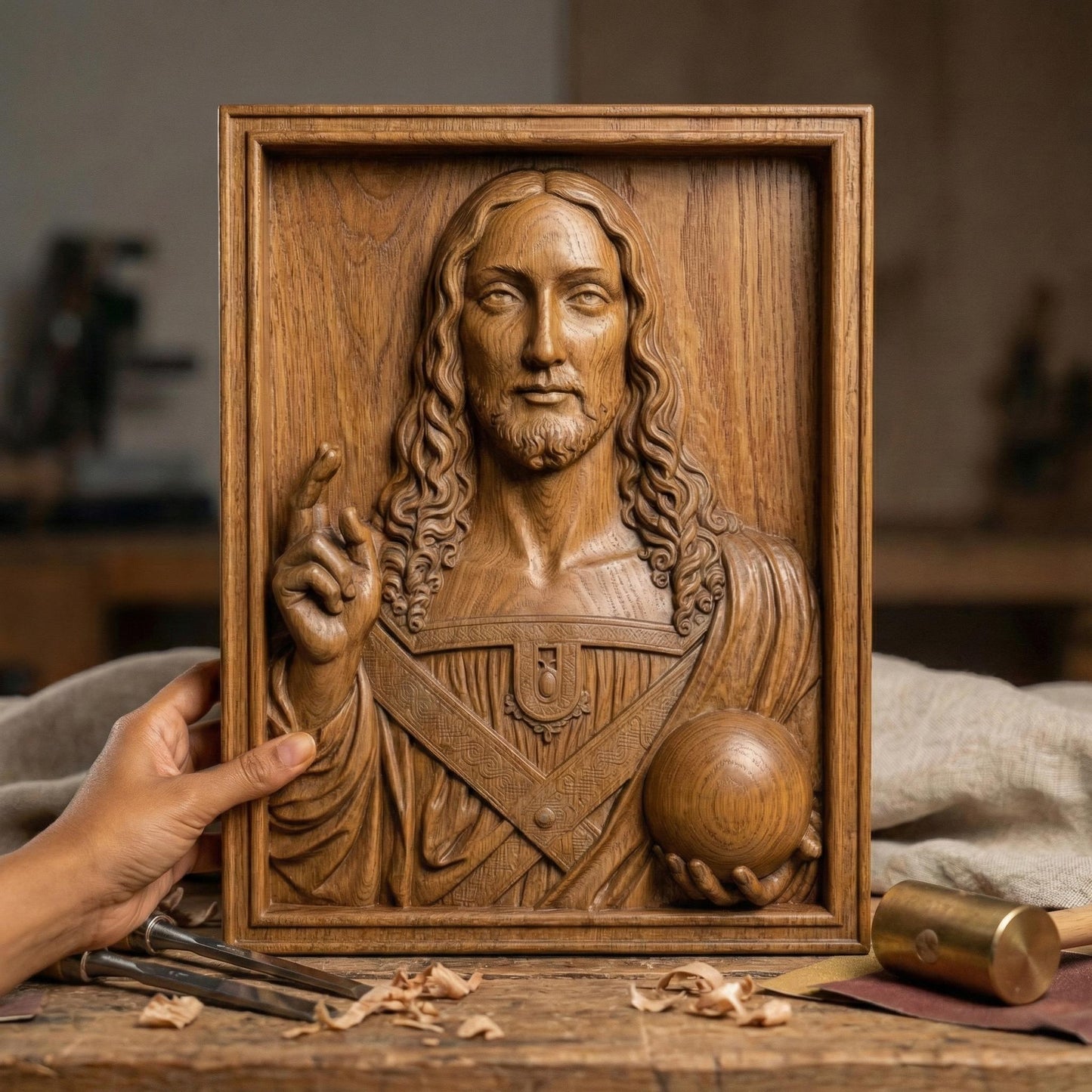 Salvator Mundi bas-relief depicting Jesus Christ holding a celestial orb and giving a blessing, inspired by Leonardo da Vinci’s iconic Renaissance masterpiece. Highly detailed sacred Christian wall art STL designed for CNC carving, wood engraving, or 3D printing, featuring classical proportions, serene expression, and refined sculptural depth for devotional and fine art projects.