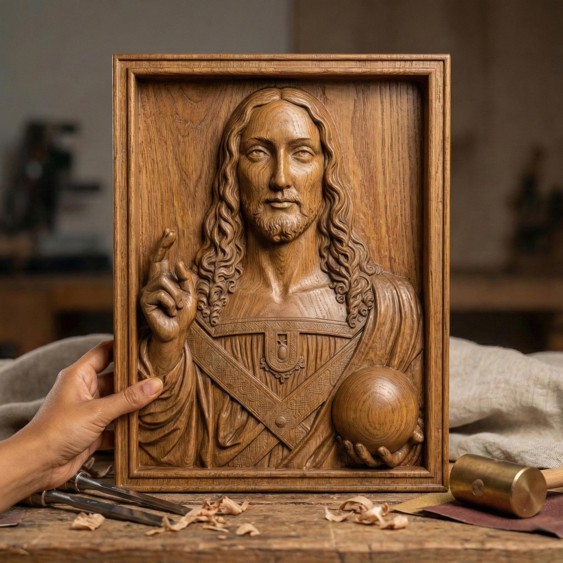 Salvator Mundi bas-relief depicting Jesus Christ holding a celestial orb and giving a blessing, inspired by Leonardo da Vinci’s iconic Renaissance masterpiece. Highly detailed sacred Christian wall art STL designed for CNC carving, wood engraving, or 3D printing, featuring classical proportions, serene expression, and refined sculptural depth for devotional and fine art projects.
