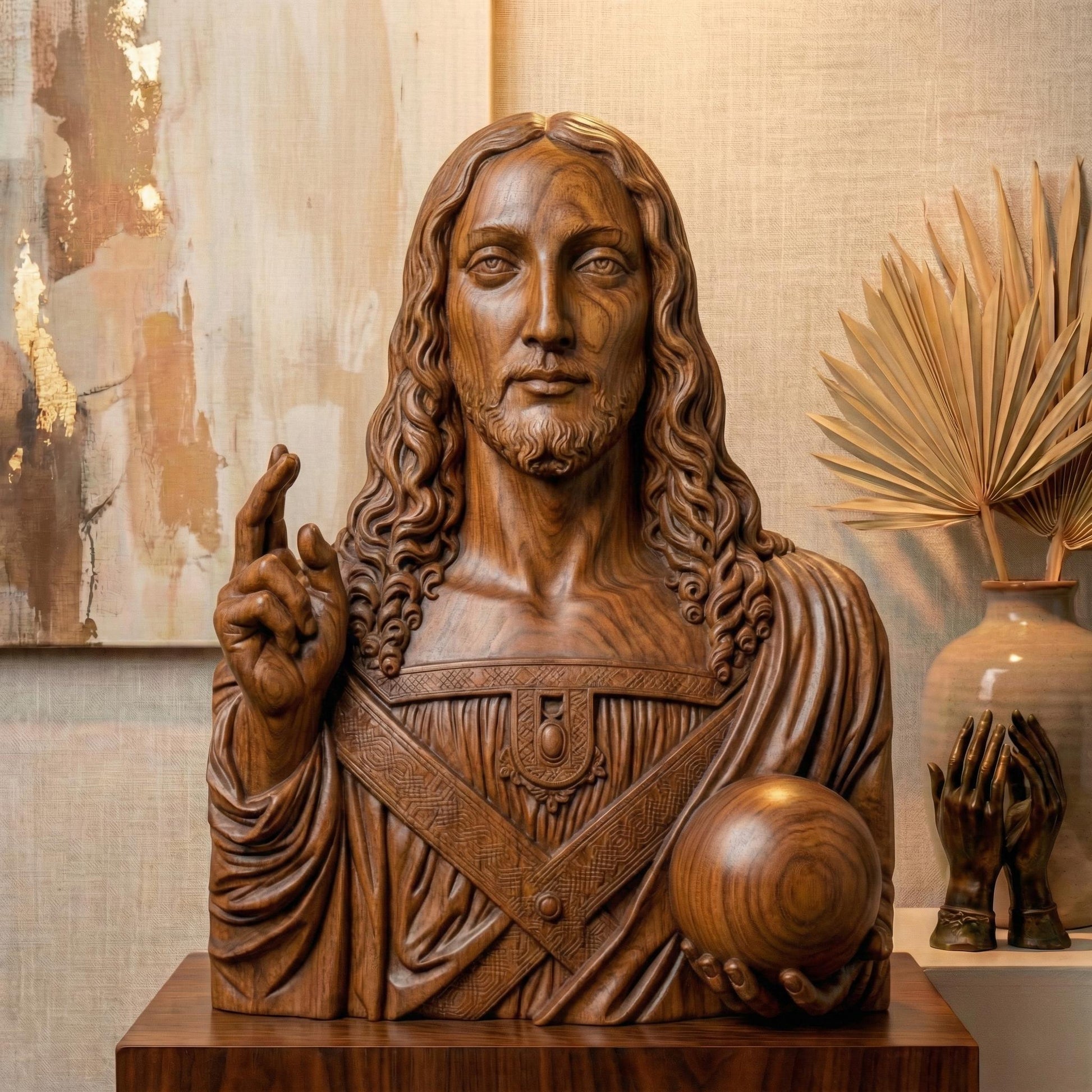 Salvator Mundi bas-relief depicting Jesus Christ holding a celestial orb and giving a blessing, inspired by Leonardo da Vinci’s iconic Renaissance masterpiece. Highly detailed sacred Christian wall art STL designed for CNC carving, wood engraving, or 3D printing, featuring classical proportions, serene expression, and refined sculptural depth for devotional and fine art projects.