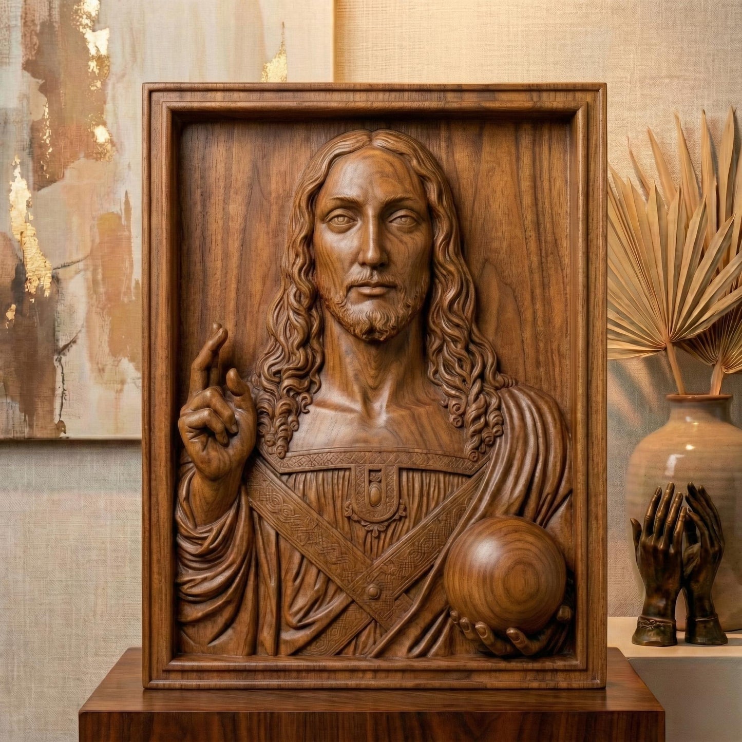 Salvator Mundi bas-relief depicting Jesus Christ holding a celestial orb and giving a blessing, inspired by Leonardo da Vinci’s iconic Renaissance masterpiece. Highly detailed sacred Christian wall art STL designed for CNC carving, wood engraving, or 3D printing, featuring classical proportions, serene expression, and refined sculptural depth for devotional and fine art projects.
