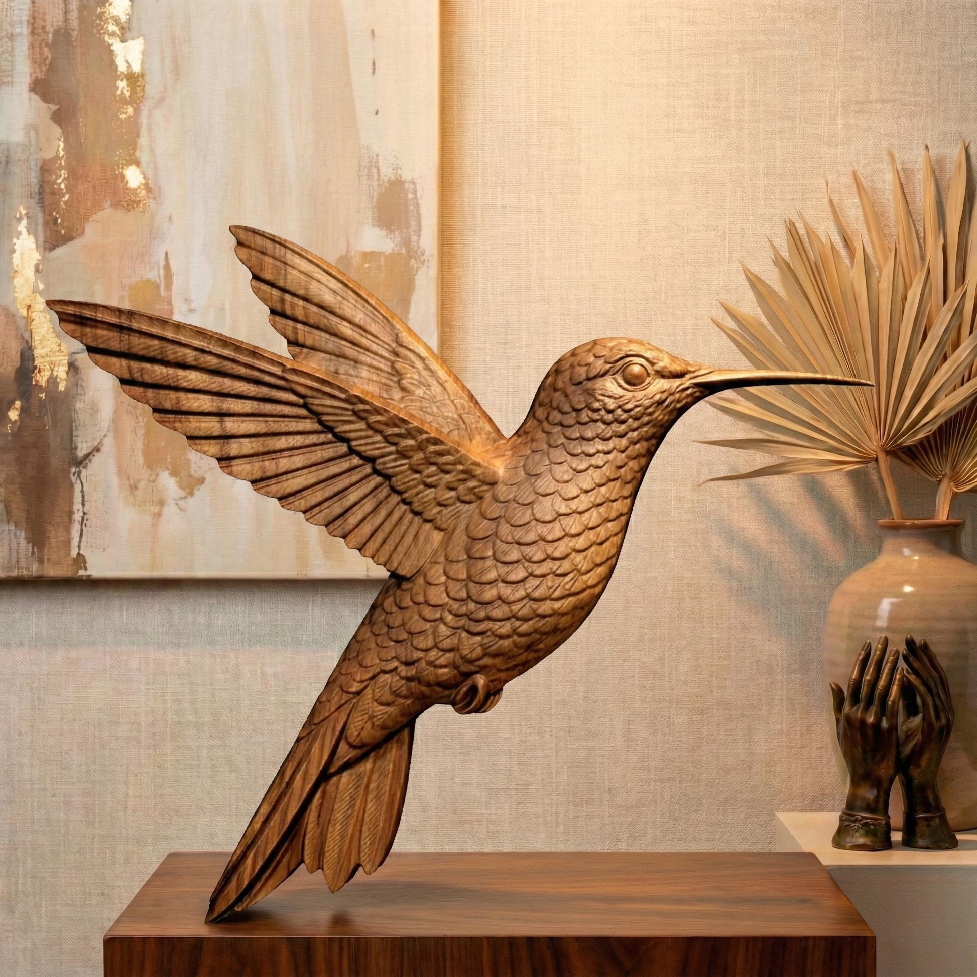 Realistic flying hummingbird 3D sculpture with wings fully extended and detailed layered feathers, captured mid-air in a natural hovering pose. The model features a long pointed beak, textured plumage, and smooth flowing contours suitable for freestanding display. Designed for CNC carving or 3D printing, this wildlife-inspired sculpture conveys motion, elegance, and nature realism.