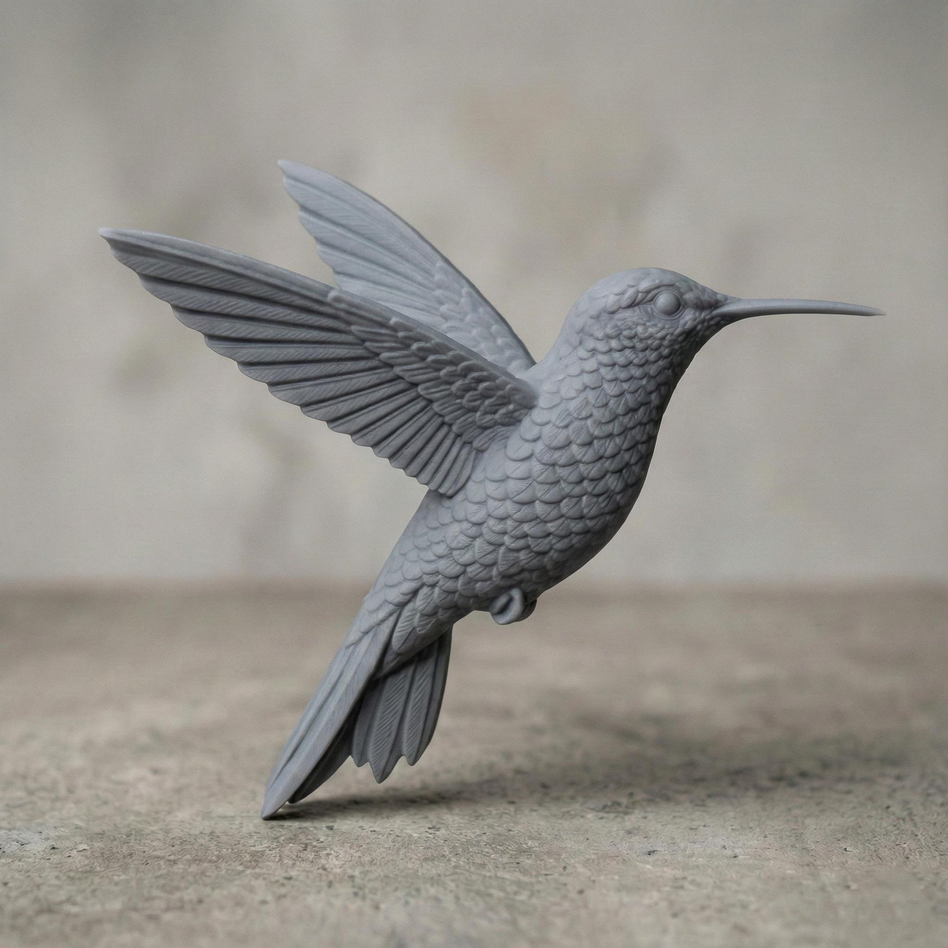 Realistic flying hummingbird 3D sculpture with wings fully extended and detailed layered feathers, captured mid-air in a natural hovering pose. The model features a long pointed beak, textured plumage, and smooth flowing contours suitable for freestanding display. Designed for CNC carving or 3D printing, this wildlife-inspired sculpture conveys motion, elegance, and nature realism.