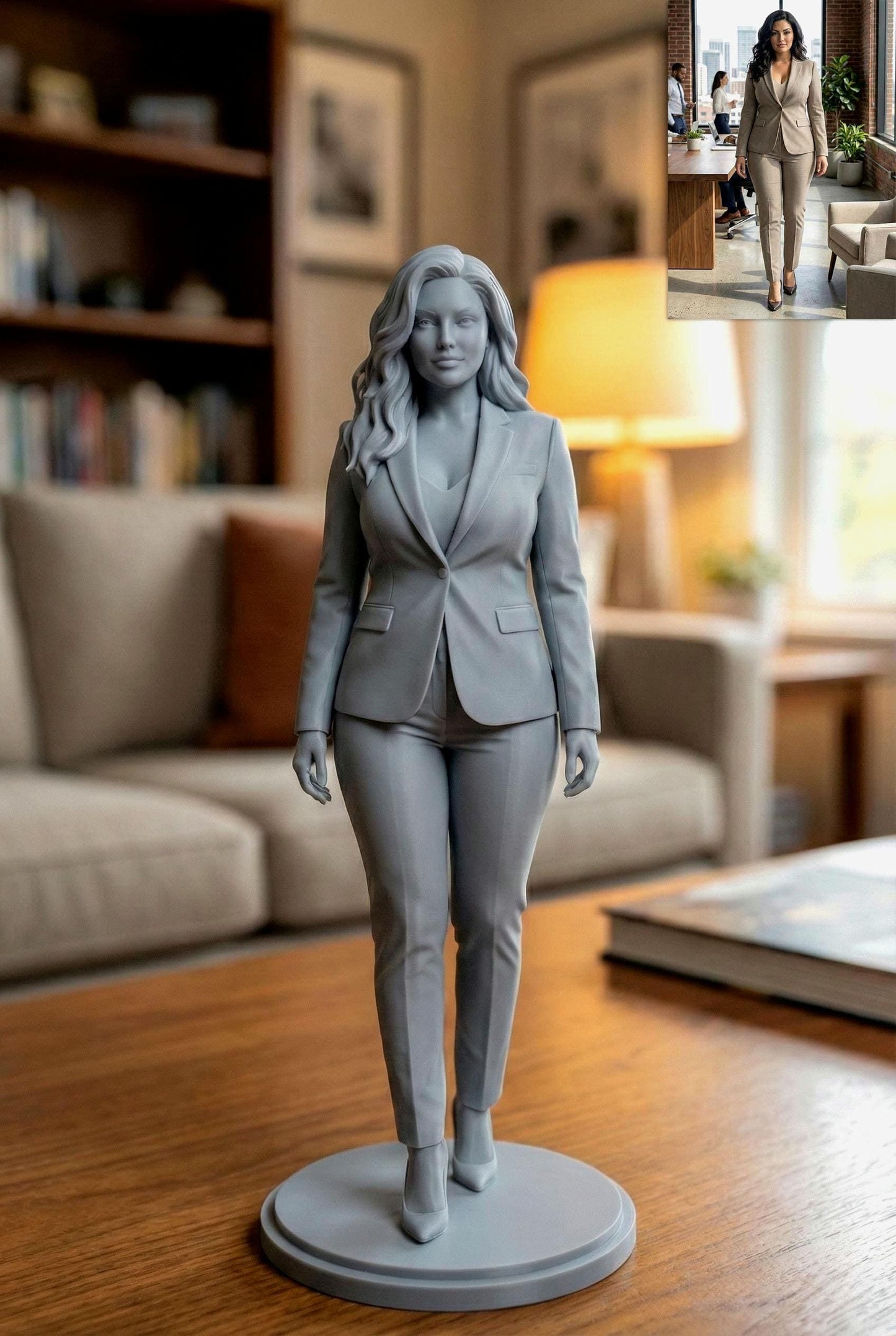 High-detail resin 3D printed human figure sculpture, digitally sculpted with realistic anatomy, facial structure, and tailored clothing. The statue stands on a round base with smooth surface finish, showcasing professional character modeling, accurate proportions, and refined details inspired by cinematic and game-quality digital sculpting, suitable for display, custom portraits, memorials, and collectible art