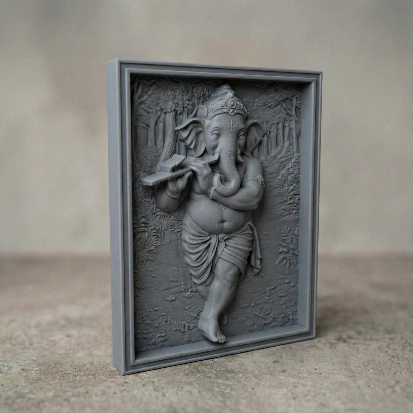 High-resolution 3D STL model of Lord Ganesha depicted in a seated posture, intricately designed for 3D printing, laser engraving, and CNC wood carving. This digital bas relief sculpture showcases fine details including traditional ornaments, headgear, and symbolic hand mudras. Ideal for creating spiritual wall panels, Hindu temple decor, or devotional gifts. Suitable for wood, resin, stone, or acrylic carving. Perfect for artisans, hobbyists, or religious décor creators.