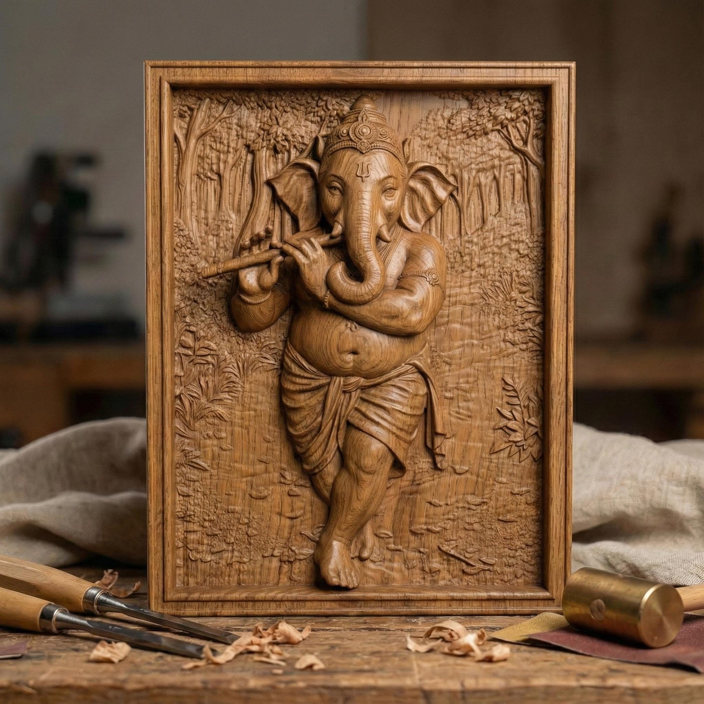High-resolution 3D STL model of Lord Ganesha depicted in a seated posture, intricately designed for 3D printing, laser engraving, and CNC wood carving. This digital bas relief sculpture showcases fine details including traditional ornaments, headgear, and symbolic hand mudras. Ideal for creating spiritual wall panels, Hindu temple decor, or devotional gifts. Suitable for wood, resin, stone, or acrylic carving. Perfect for artisans, hobbyists, or religious décor creators.