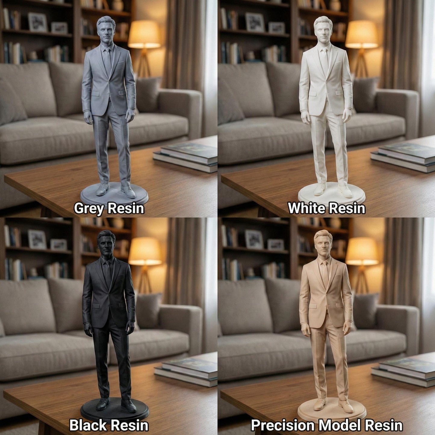 High-detail resin 3D printed human figure sculpture, digitally sculpted with realistic anatomy, facial structure, and tailored clothing. The statue stands on a round base with smooth surface finish, showcasing professional character modeling, accurate proportions, and refined details inspired by cinematic and game-quality digital sculpting, suitable for display, custom portraits, memorials, and collectible art