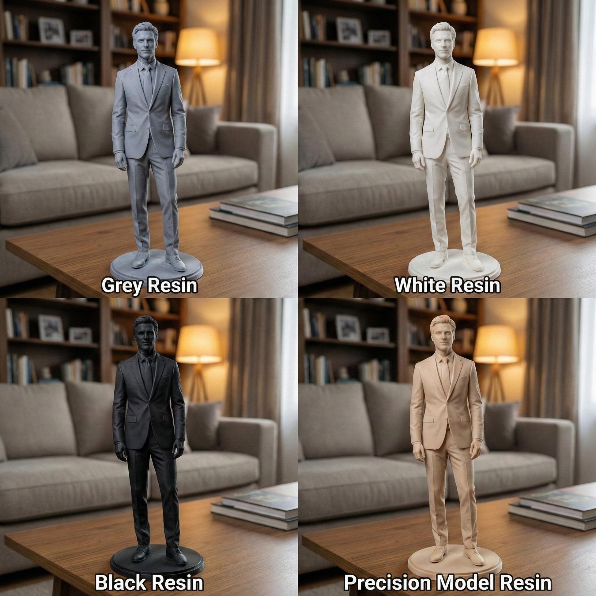 High-detail resin 3D printed human figure sculpture, digitally sculpted with realistic anatomy, facial structure, and tailored clothing. The statue stands on a round base with smooth surface finish, showcasing professional character modeling, accurate proportions, and refined details inspired by cinematic and game-quality digital sculpting, suitable for display, custom portraits, memorials, and collectible art