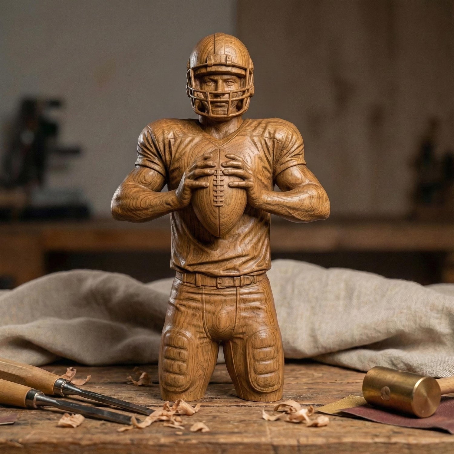 Detailed bas-relief carving of an American football player holding a ball in a ready quarterback stance, wearing a helmet and padded uniform. The design features realistic muscle definition, fabric folds, and sports gear textures carved in a wood-grain style. Ideal for CNC carving, 3D printing, or decorative sports wall art, perfect for football fans, man caves, and athletic-themed interiors.