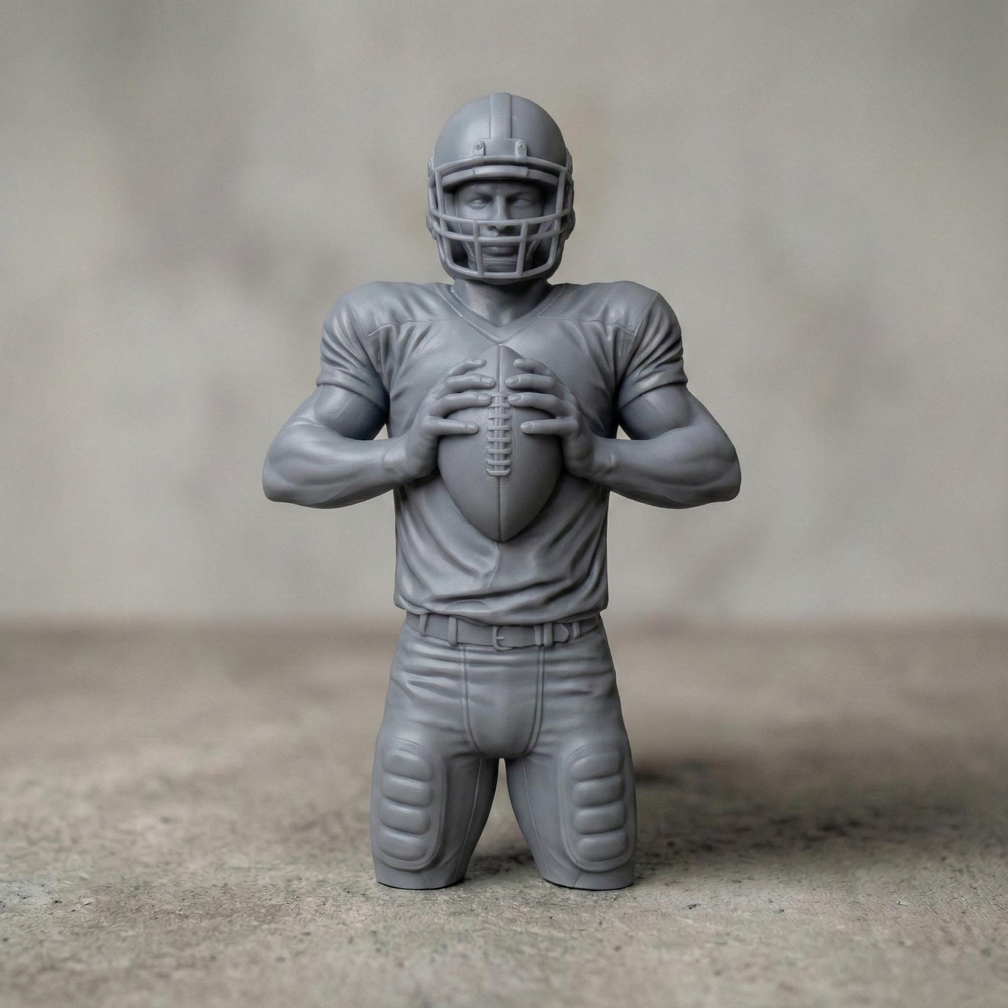 Detailed bas-relief carving of an American football player holding a ball in a ready quarterback stance, wearing a helmet and padded uniform. The design features realistic muscle definition, fabric folds, and sports gear textures carved in a wood-grain style. Ideal for CNC carving, 3D printing, or decorative sports wall art, perfect for football fans, man caves, and athletic-themed interiors.