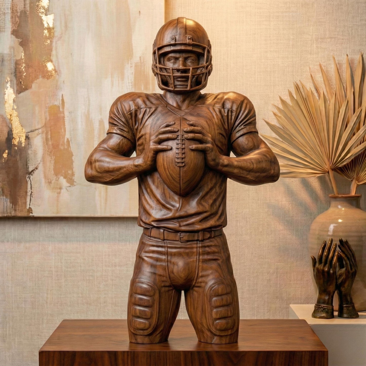 Detailed bas-relief carving of an American football player holding a ball in a ready quarterback stance, wearing a helmet and padded uniform. The design features realistic muscle definition, fabric folds, and sports gear textures carved in a wood-grain style. Ideal for CNC carving, 3D printing, or decorative sports wall art, perfect for football fans, man caves, and athletic-themed interiors.