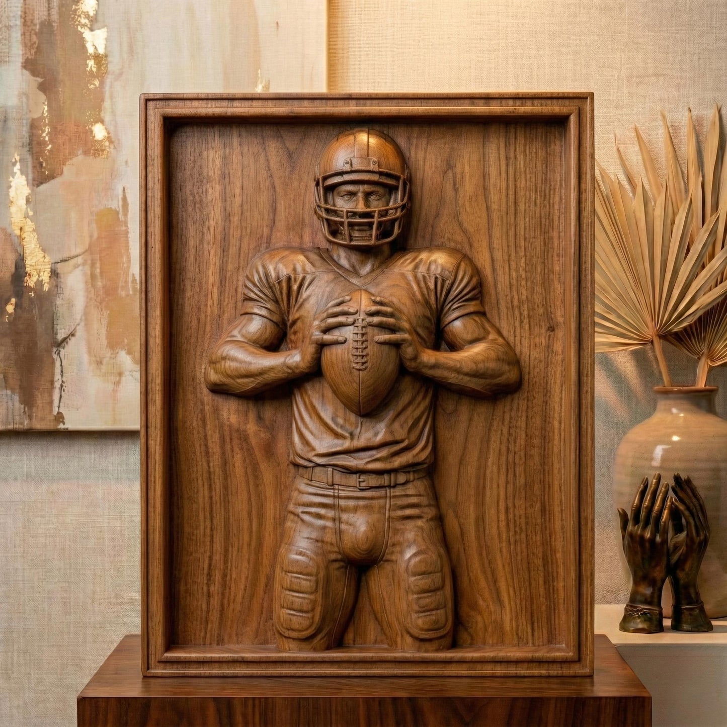 Detailed bas-relief carving of an American football player holding a ball in a ready quarterback stance, wearing a helmet and padded uniform. The design features realistic muscle definition, fabric folds, and sports gear textures carved in a wood-grain style. Ideal for CNC carving, 3D printing, or decorative sports wall art, perfect for football fans, man caves, and athletic-themed interiors.