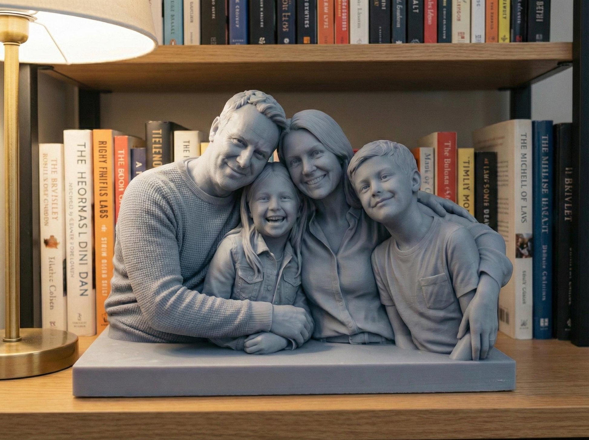 Highly detailed custom family portrait 3D model showing parents and children seated closely together with warm smiles and affectionate body language. The realistic sculpt captures facial expressions, clothing folds, and natural poses, designed as a resin or filament 3D print from customer photos. Ideal for personalized family keepsake decor, memorial art, anniversary gifts, or meaningful home display.