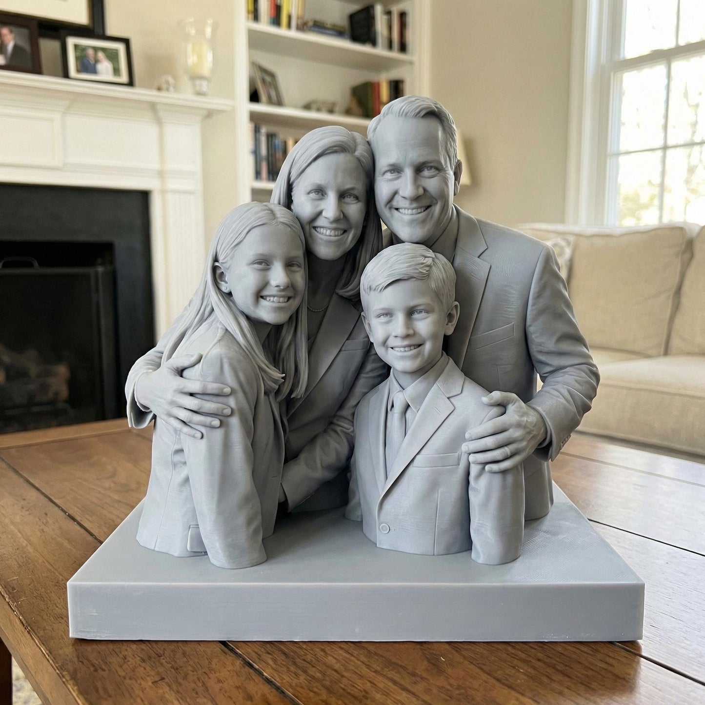 Highly detailed custom family portrait 3D model showing parents and children seated closely together with warm smiles and affectionate body language. The realistic sculpt captures facial expressions, clothing folds, and natural poses, designed as a resin or filament 3D print from customer photos. Ideal for personalized family keepsake decor, memorial art, anniversary gifts, or meaningful home display.