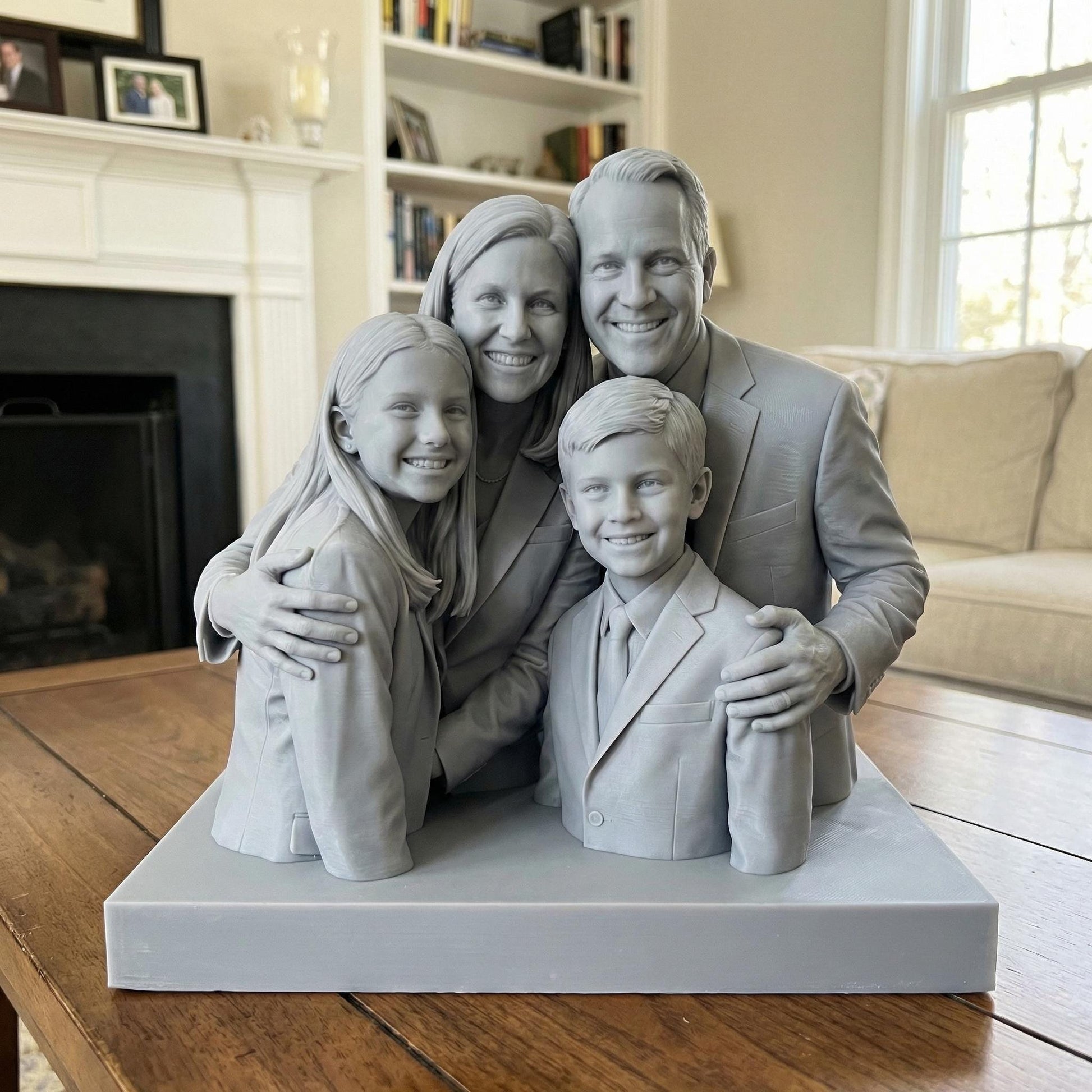 Highly detailed custom family portrait 3D model showing parents and children seated closely together with warm smiles and affectionate body language. The realistic sculpt captures facial expressions, clothing folds, and natural poses, designed as a resin or filament 3D print from customer photos. Ideal for personalized family keepsake decor, memorial art, anniversary gifts, or meaningful home display.